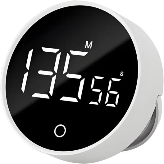 Qumox Minuteur Numérique F7 Blanc – avec Bouton Rotatif, Volume Réglable, Base Magnétique, Batterie Rechargeable – Compte à Rebours & Chronomètre pour Cuisine, Bureau, Études