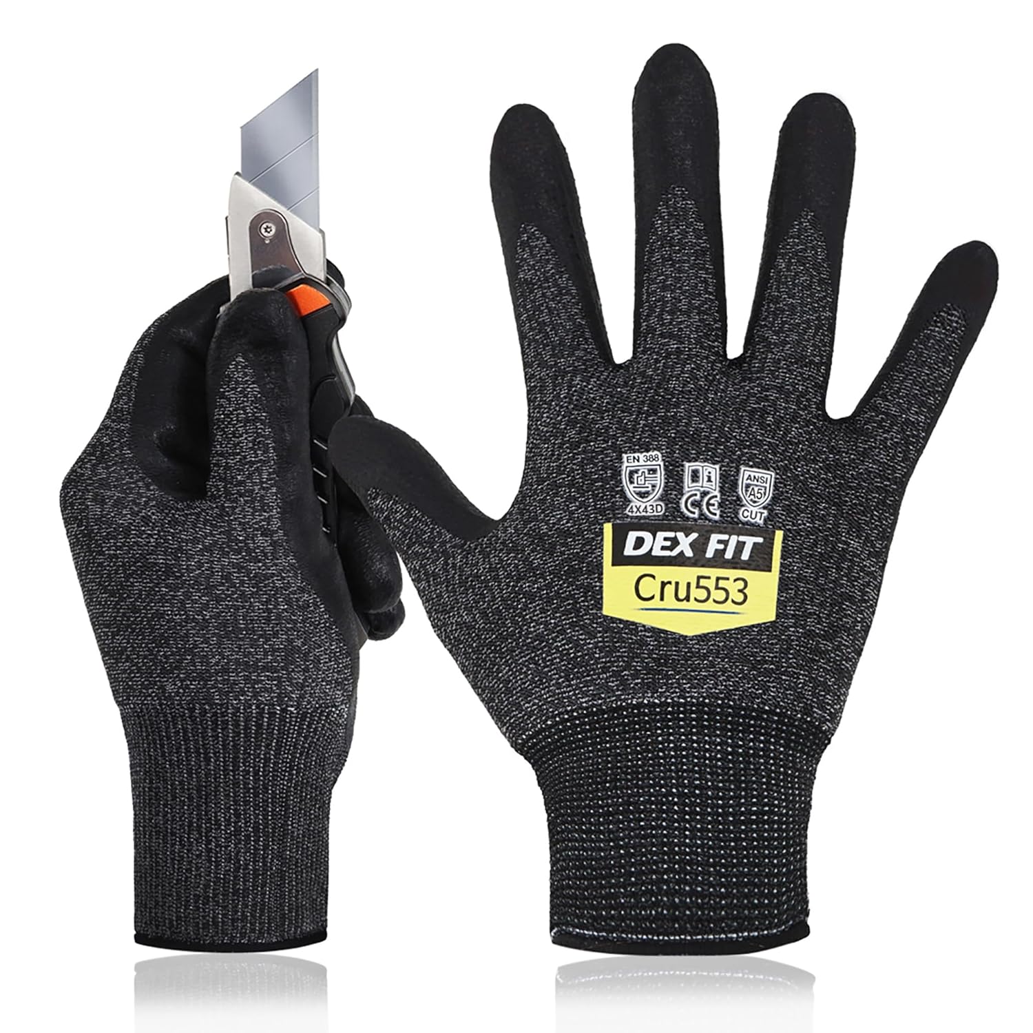Gants de protection anti coupures Cru553 Niveau 5; confort 3D, prise ferme, mince et léger, compatible écrans tactiles, durable, respirant, lavable; Noir Gris 9 (L) 1 Paire L(1 Pair) Cut 5 Cru553 Blackgrey