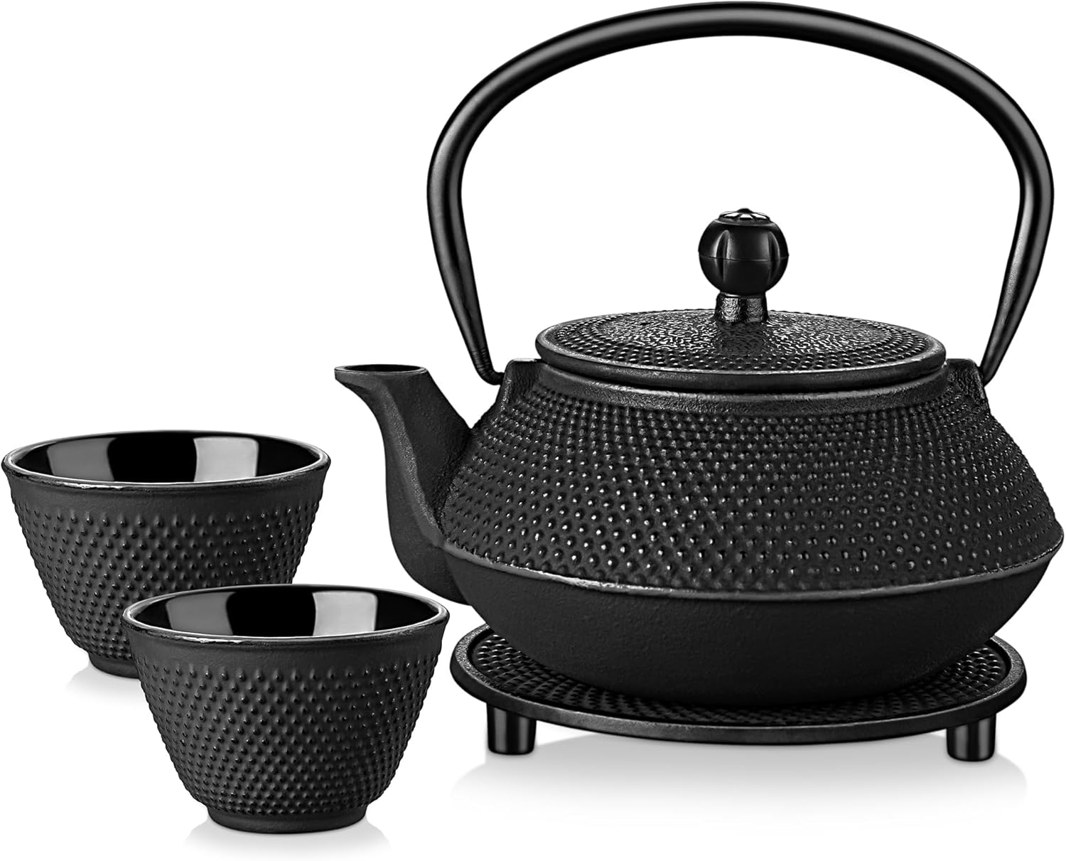 Théières et 2 Tasses de Thé avec Infuseur, Théière Induction Emaillé Noir de 700ML, Set Teapot en Fer Traditionnel avec Panier en Inoxydable, Plateau en Fonte 700ml+2 tasses