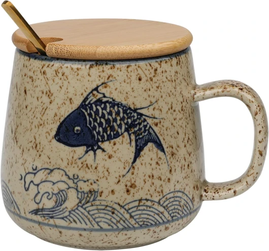 HLZK Tasse à café japonaise rétro en céramique émaillée avec cuillère et couvercle, tasse à thé en argile à changement de four, cadeau créatif pour amis/amoureux (carpe)