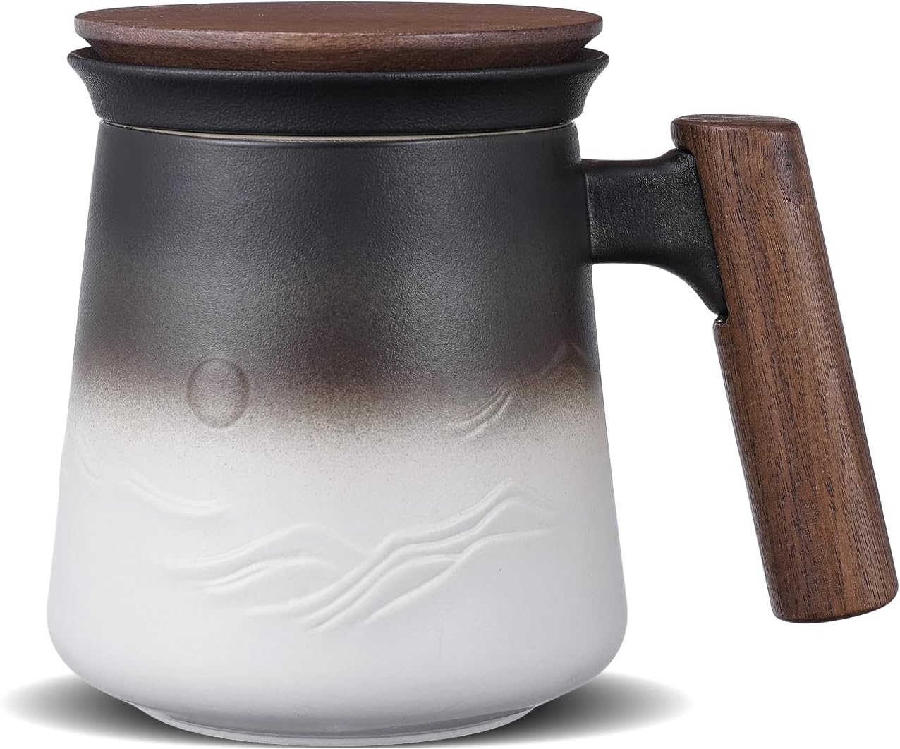 Tasse à Thé Gaufré Céramique (430ML) tasse a the avec infuseur et couvercle Poignée en bois, Feuilles mobiles tasse avec couvercle & Passoire pour les amateurs de thé Cadeaux Montagne Noire et Blanche 430ml