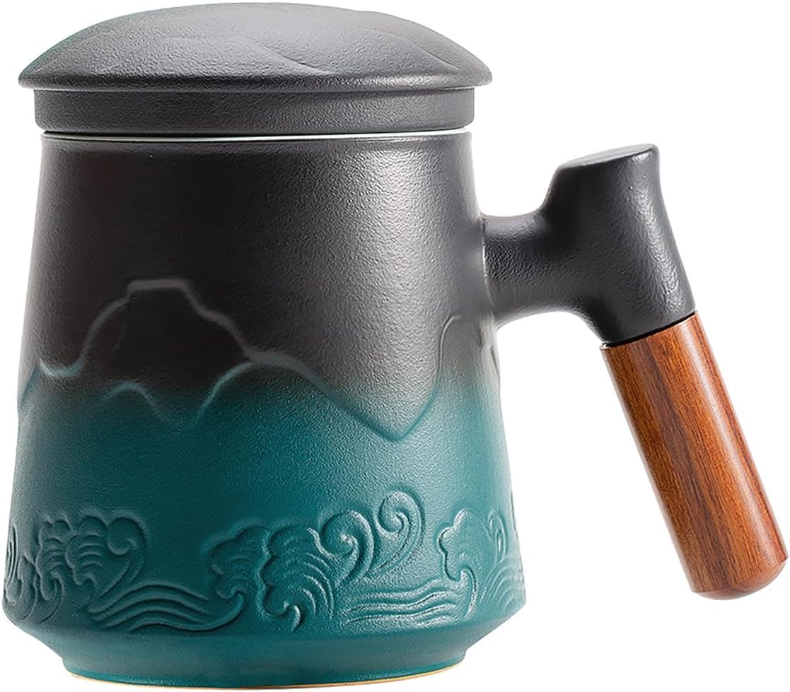 Tasse à Thé avec Infuseur et Couvercle (500 ML),Tasse en Céramique Gaufrée pour Thé en Feuilles avec Filtre Fin – Vert Foncé avec Poignée en Bois, Diffuseur pour Thé Chaud Noir&vert Vague 450ml