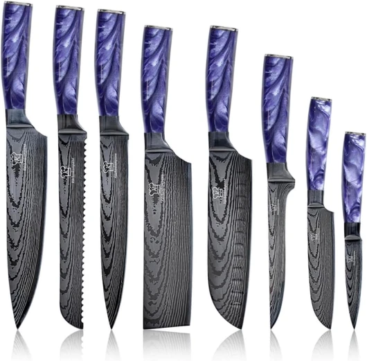 Küchenkompane - Set de couteaux de cuisine Pinku, couteaux en acier inoxydable I Conçu en Allemagne I Différentes tailles et manche en résine époxy I Pour cuisine/restaurant I (8pcs)
