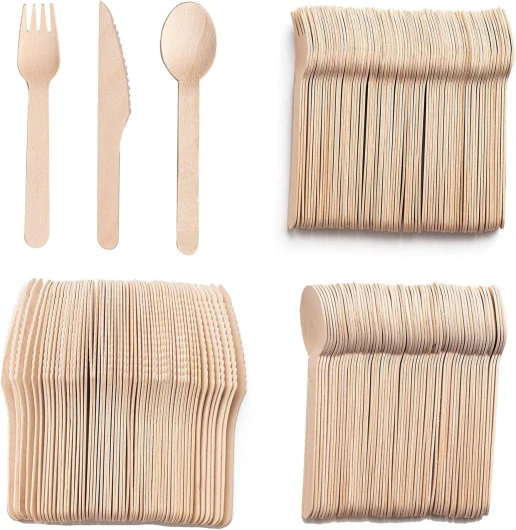 Couvert Jetable Biodégradable en Bois - 300 Pièces - Fourchette, Cuillère, Couteau - Pour Fêtes, Mariages, Pique-Niques