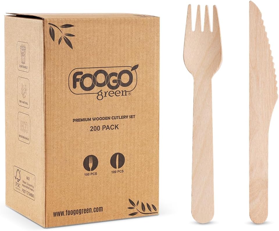 200pcs Set Fourchettes et Couteaux en Bois Jetables, Certifiés FSC®, 100 Fourchettes 100 Couteaux, 16cm, Écologique Compostable, Fête Pique-nique, Set de Couverts en Bambou pour Apéritifs