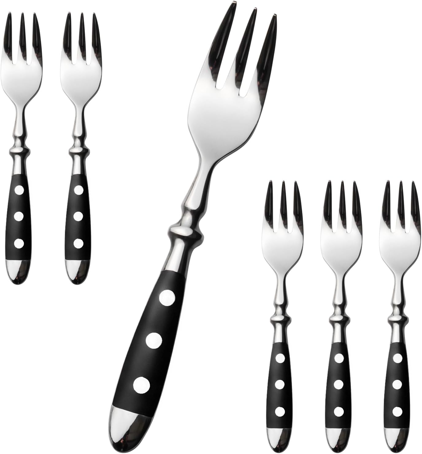 Lot de 6 fourchettes à dessert en acier inoxydable poli brillant - Poignées noires - Pour la maison, le restaurant, les fêtes en plein air, les mariés - Série Berlin Noire 6 pièces