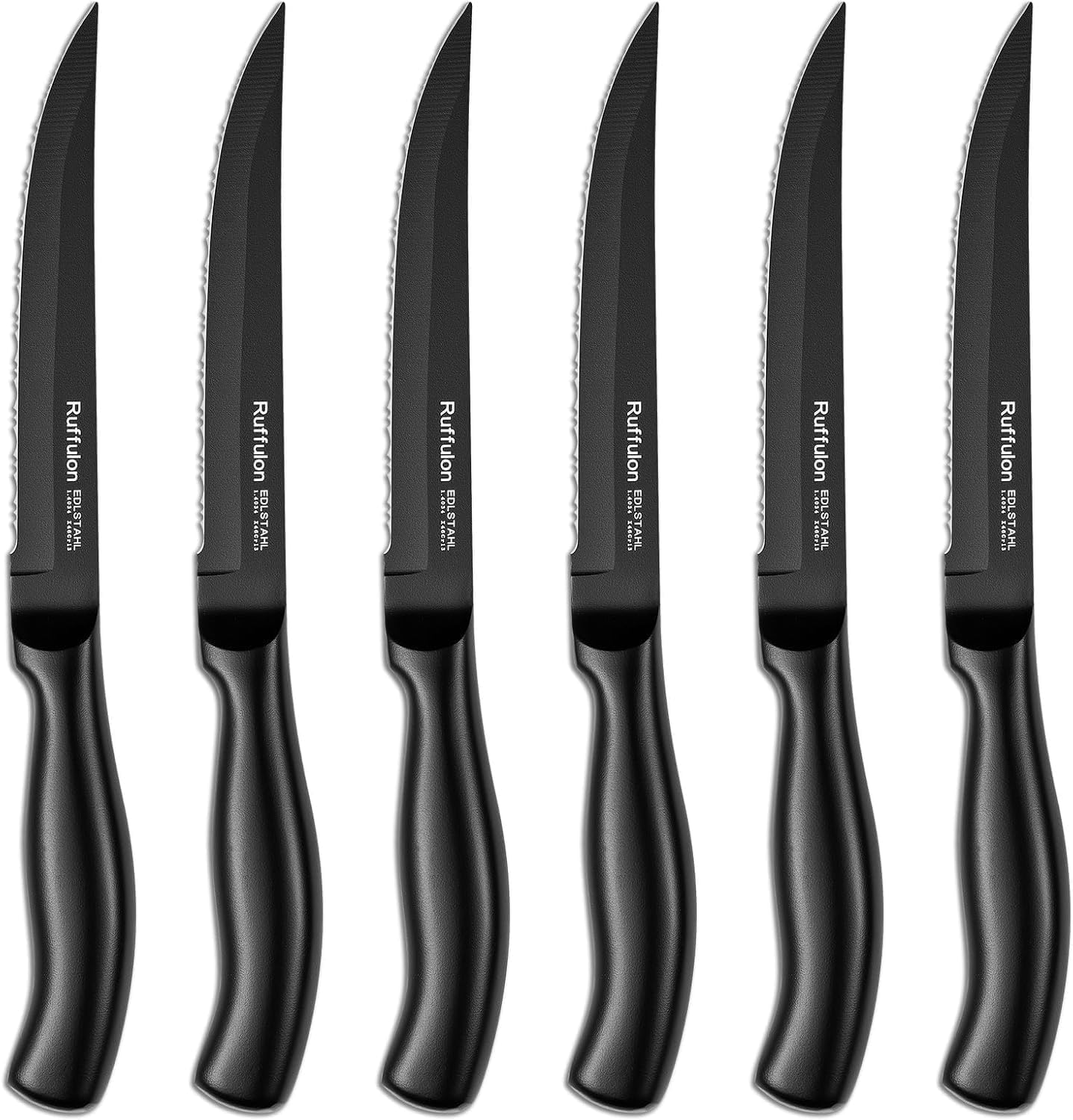 Ruffulon Couteau à Steak, 6 couteaux à steak en acier inoxydable, ensemble de couteaux à steak dentelés, couverts à steak de cuisine, passe au lave-vaisselle ，Dentelés Super Tranchants, 23CM Set de 6 Noir