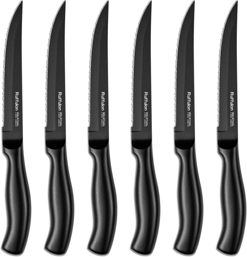 Ruffulon Couteau à Steak, 6 couteaux à steak en acier inoxydable, ensemble de couteaux à steak dentelés, couverts à steak de cuisine, passe au lave-vaisselle ，Dentelés Super Tranchants, 23CM Set de 6 Noir
