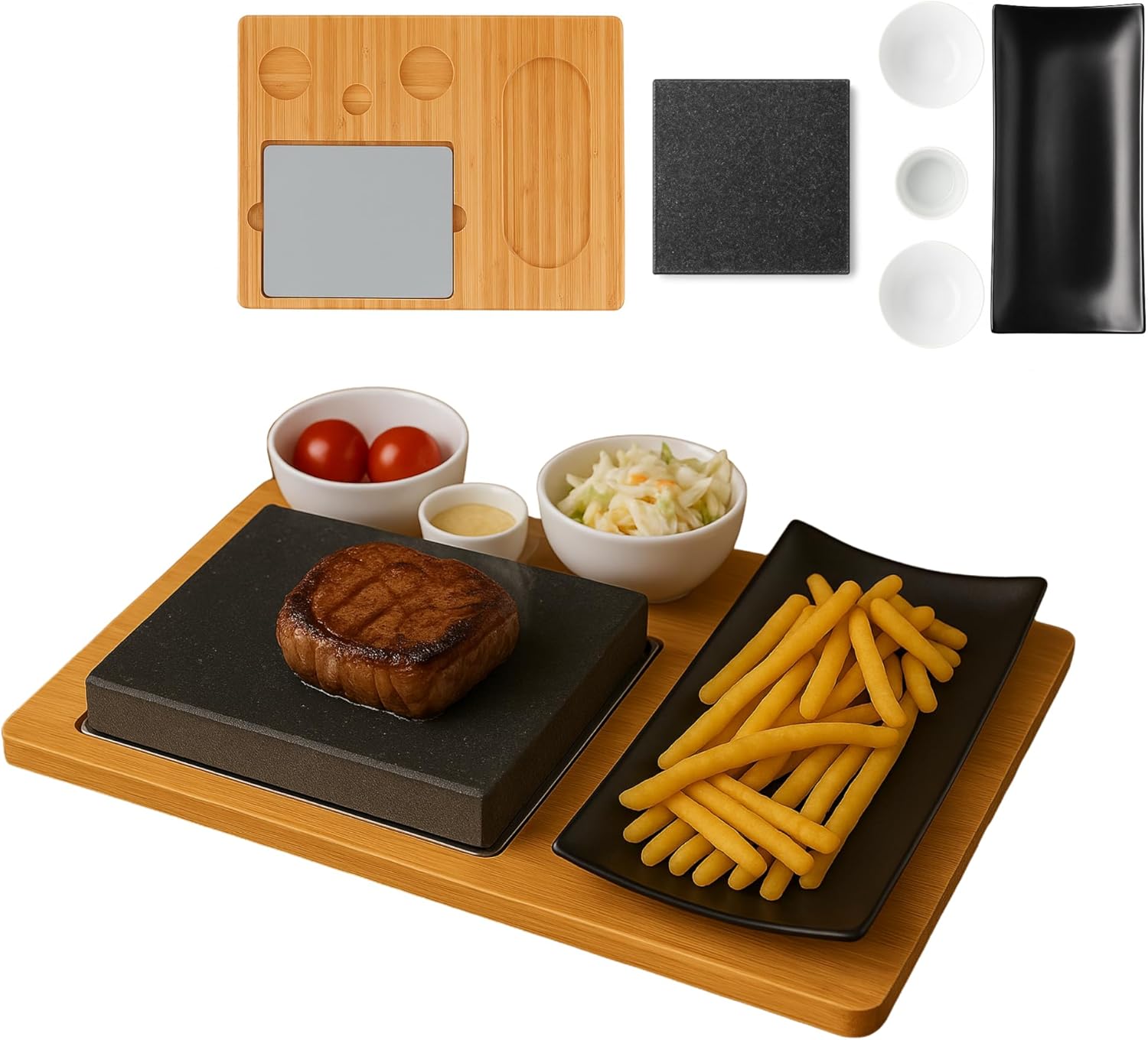 CAWI Planche à steak en pierre de lave, plateau de service, planche en bambou avec grill à pierres chaudes, plaque de cuisson à steak, plaque en pierre, barbecue de table 1