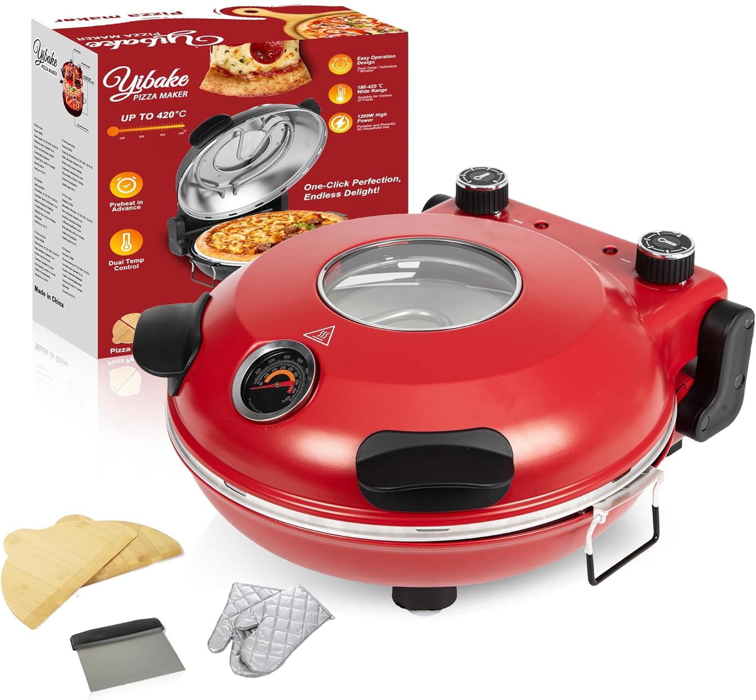 Four à Pizza Électrique, Cuit une Pizza en 4 minutes, Plaque en Pierre Réfractaire de 31cm, Max 420°C Four a Pizza, 1200W, Pelle à Pizza, Grattoir et Recettes inclus, Rouge Rouge 31CM, Circulaire