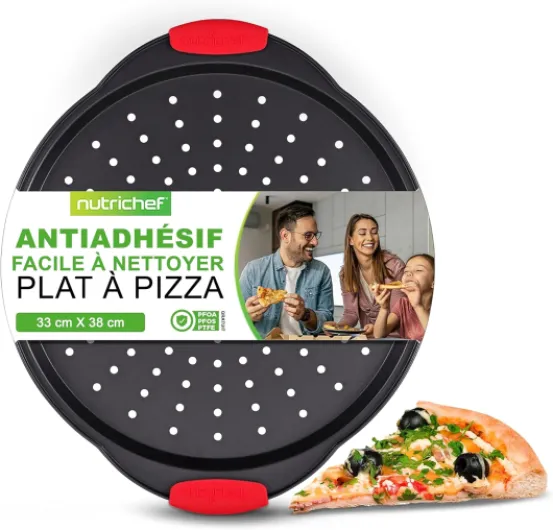 Moule à Pizza Antiadhésif Rond en Acier Perforé, avec Revêtement en Silicone, Passe au Lave-vaisselle, Noir Noir 1 Pièce