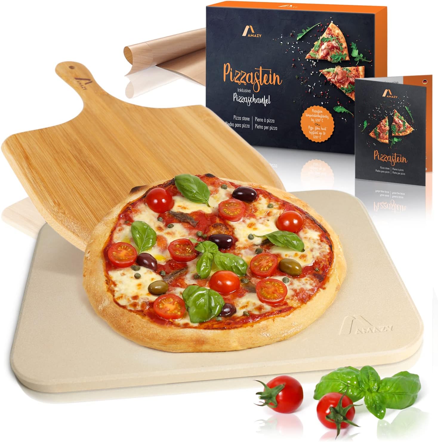 Pierre à Pizza pour Four à Pizza et Gril - avec Pelle à Pizza Bois, Papier Cuisson Réutilisable et Livre de Recettes - Pierre Réfractaire en Cordiérite pour Pizza à l'Italienne Croustillante Beige + Pelle à Pizza Bois