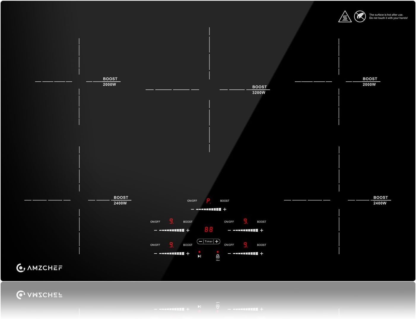 Plaque à induction 80cm, Plaque de cuisson à induction 5 zones avec booster et 9 niveaux, fonction pause, maintien au chaud, contrôle du curseur, minuterie, verrou de sécurité, 9500W