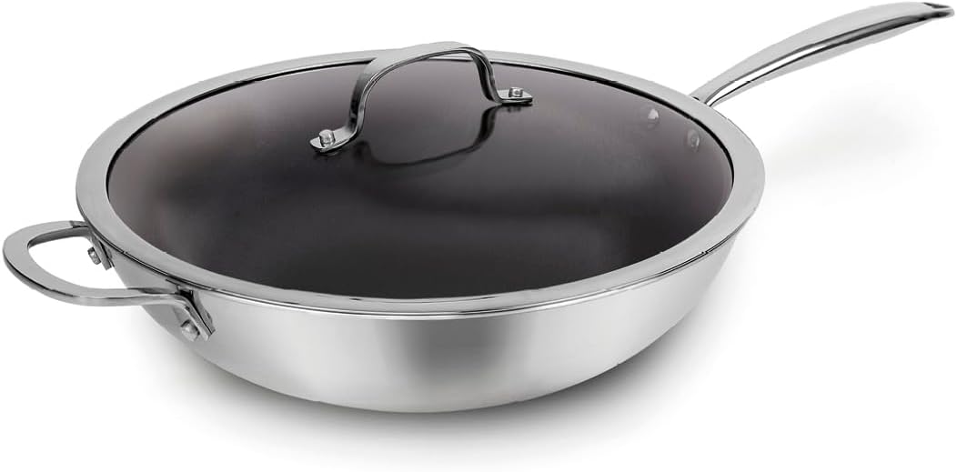 Wok Trois couches - en Acier Inoxydable avec Revêtement Antiadhésif - Fond à Induction - Cuisson Saine et Nettoyage Facile - 30 cm - Argenté 30 cm Wok Argenté