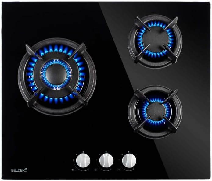 Plaque de cuisson Gaz verre noir 3 foyers - Gaz ville et bouteille - grilles en fonte 3 ZONES Noir