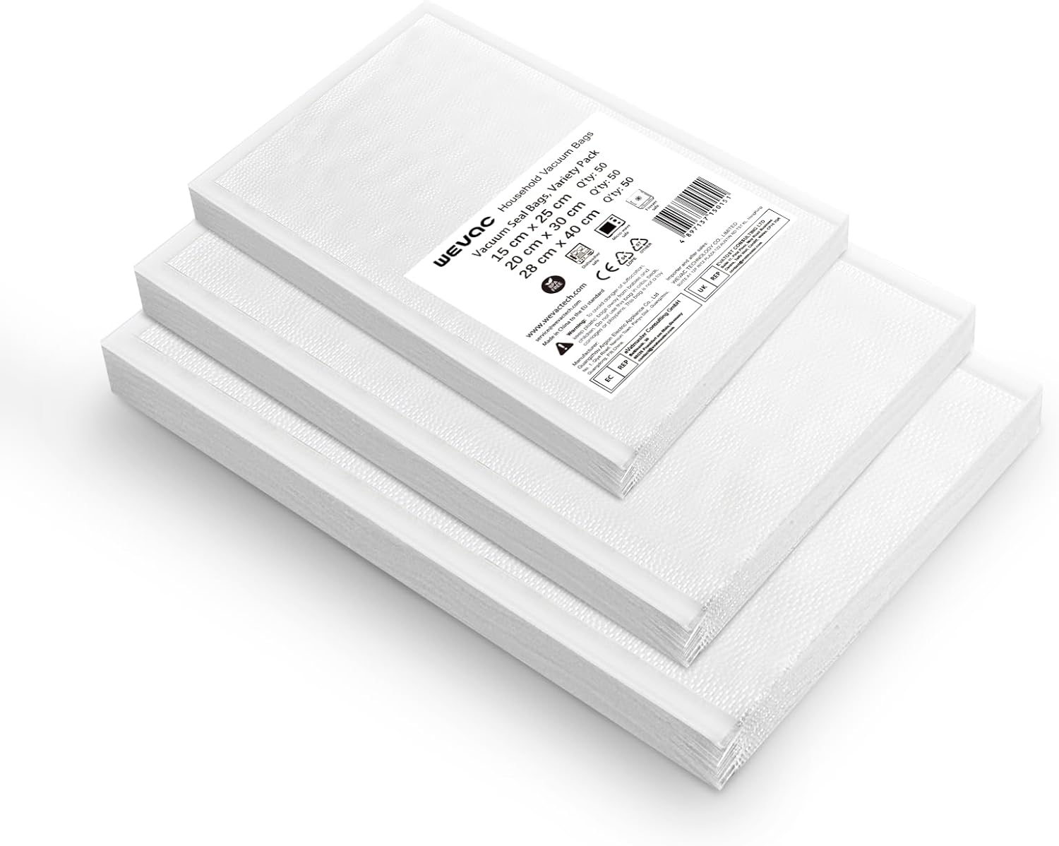 Wevac Lite 150 Sacs 15x25cm(50) et 20x30cm(50) et 28x40cm(50) Film Sous Vide Alimentaire, Gaufrés Sac Sous Vide sans BPA pour la Conservation des Aliments et Compatible Avec n'importe Quelle Scelleuse