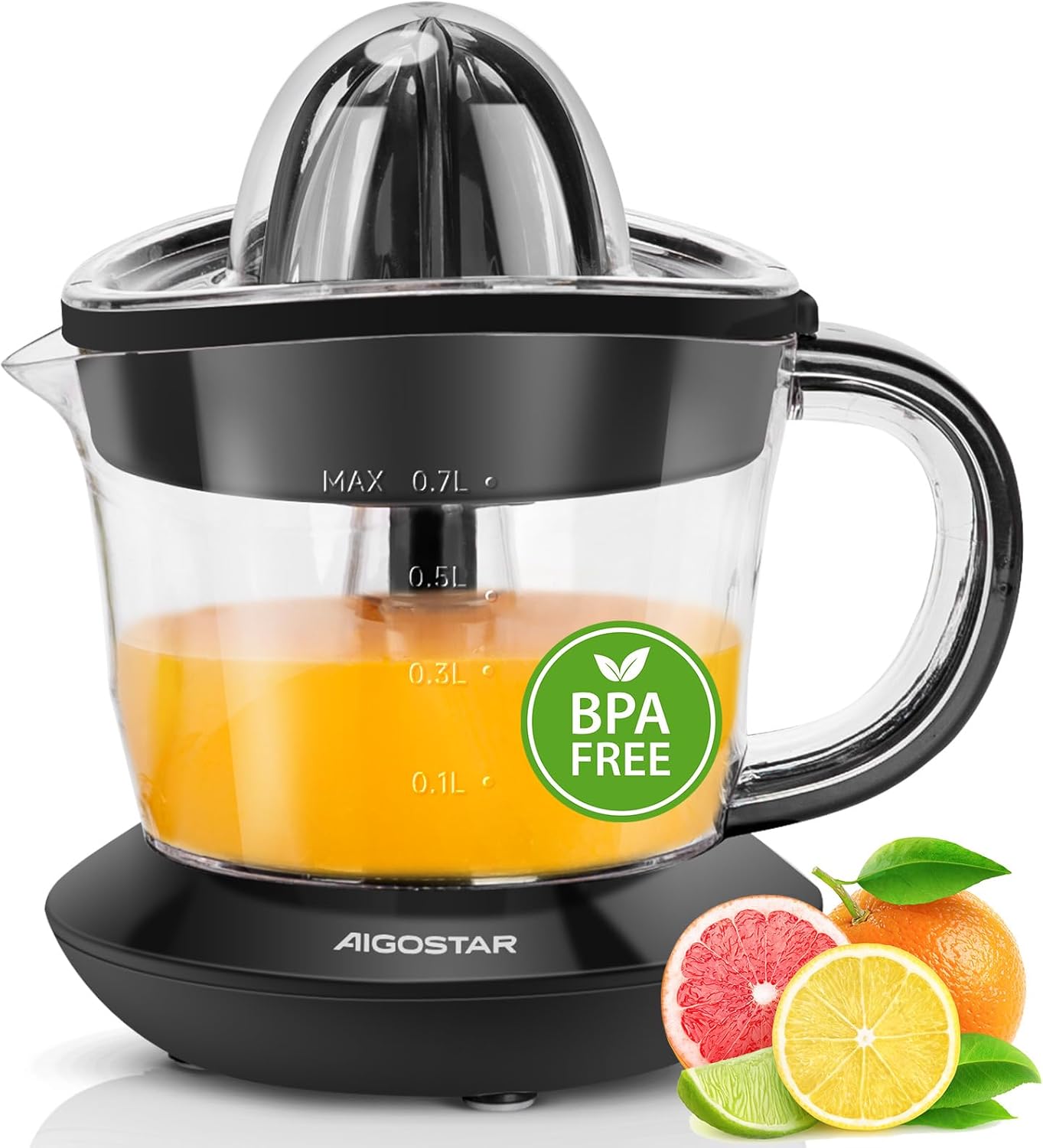 Thomas - Presse agrume electrique 40W, Double rotation, Compact, Capacité 0.7L, Sans BPA, 2 cônes interchangeables, Bec verseur anti-goutte, Noir