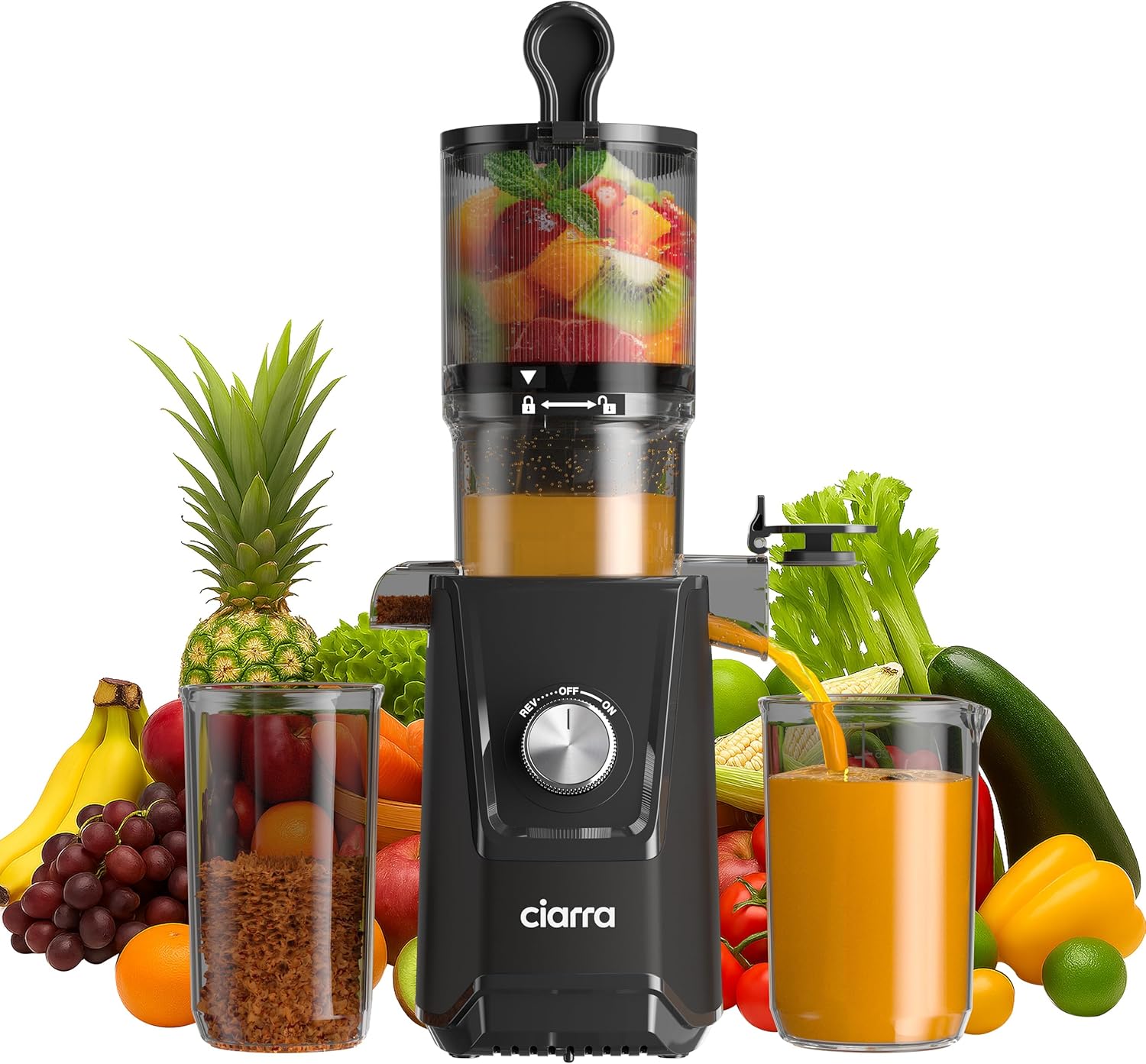 AWSJ046-B Extracteur de Jus de Fruits et Légumes, Pression Avec Baie de Remplissage 108 mm, Sans BPA, 1.2L Très Grande Capacité Slow Juicer，Arrêt Automatique, Fonction Marche Arrière-Noir