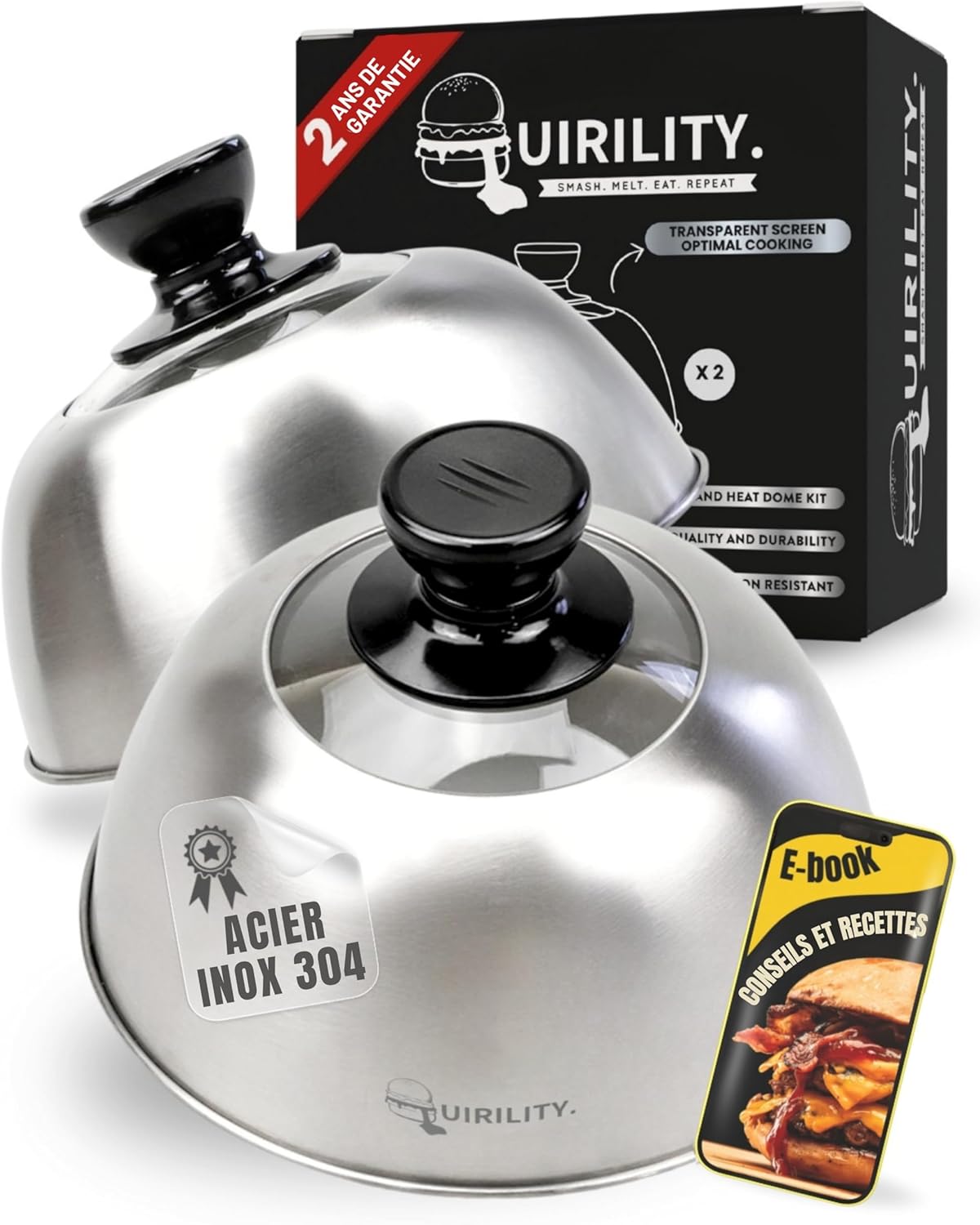 2 Pièces Cloche Plancha Design Premium - Cloche Cuisson Plancha Avec Fenêtre Transparente et Poignée Anti-Brûlure Ergonomique - Cloche Alimentaire Inox Ideale Smash Burger - Cloche Barbecue