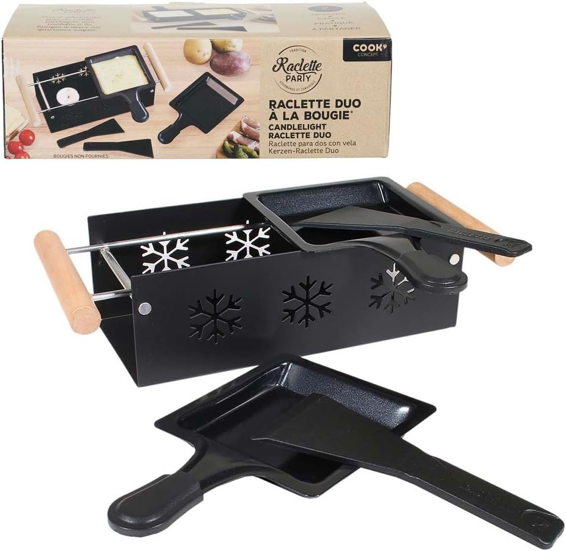 COOK CONCEPT, KC2486, Raclette Duo à la Bougie, Plaque de Cuisson Spécifique, Design Élégant en Métal et Bois, Idéal pour 2 Personnes, Dimensions 62x32x11 cm, Noir