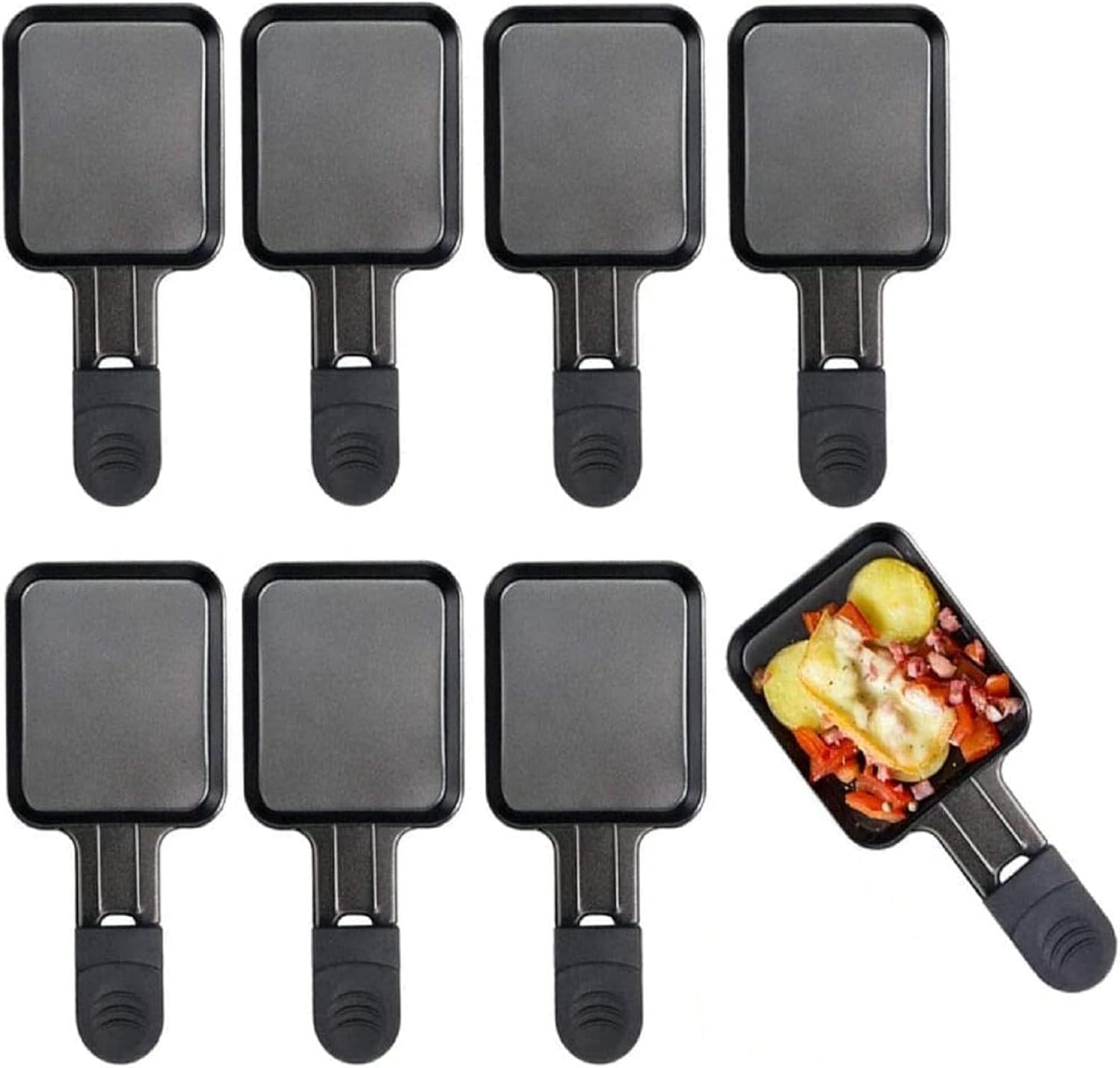 Coupelle Raclette Poêlon Raclette Grill Accessoires Antiadhésif Avec Poignée Isolée de Couleur, 8 Pcs, 18x8x1.5cm, Acier Inoxydable, Noir