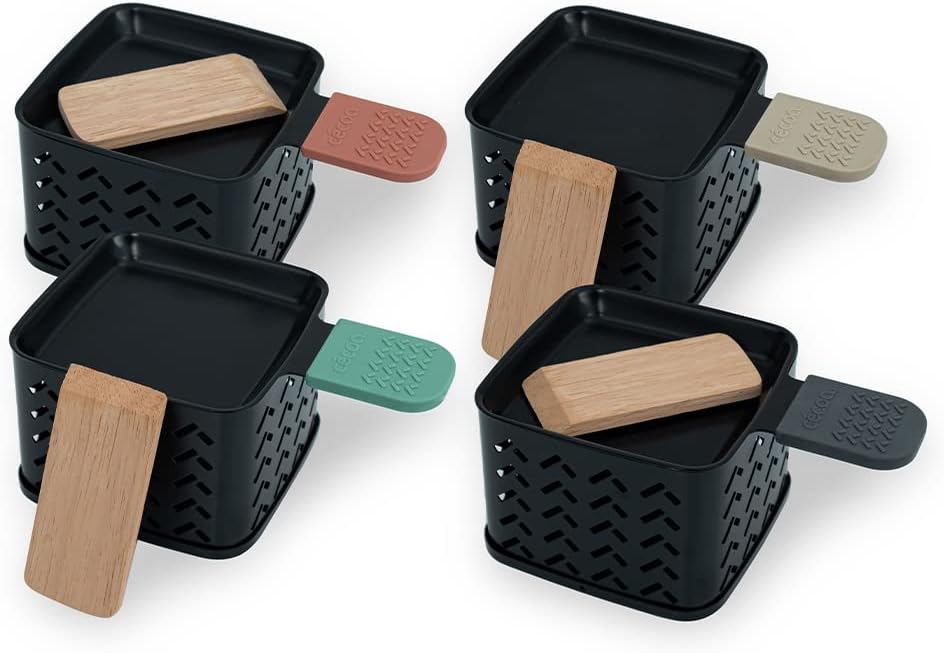 � Cheese’Up Double Duo • Lot de 4 • Raclette à la Bougie • Sans Électricité • Poêlons Antiadhésifs & Spatules en Bois • Facile à Transporter & Nettoyer • Idéal pour Amateurs de Fromage