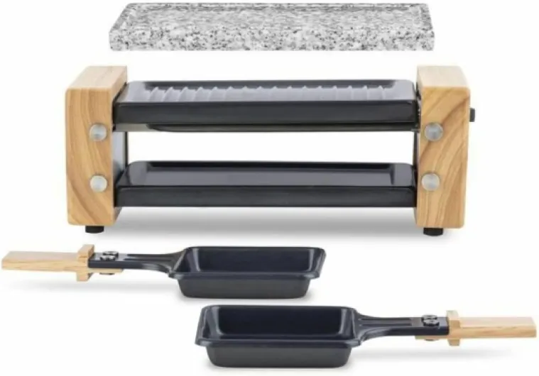 H.Koenig Appareil à raclette Duo Multifonction 2 personnes WOD2 Design en bois naturel, Pierre granit amovible, Raclette fromage fondue professionnel, 2 poêlons antiadhésifs, 2 spatules en bois