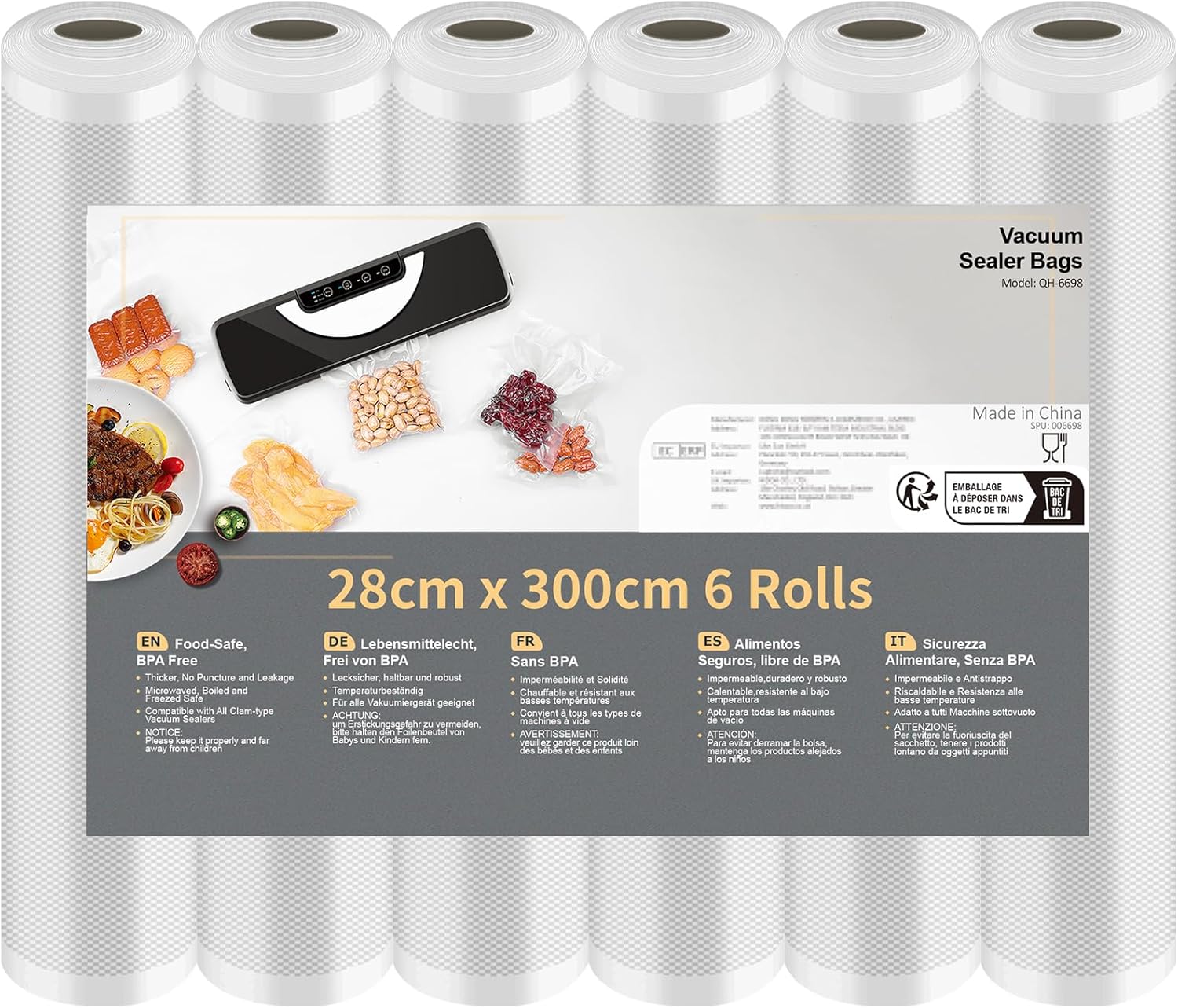 Rouleau Sous Vide Alimentaire, Sac Sous Vide Alimentaire pour L'appareil de Mise Sous Vide, 6 Rouleaux 28x300cm, Film Sous Vide Alimentaire sans BPA 6 Rouleaux 28x300cm (18M)
