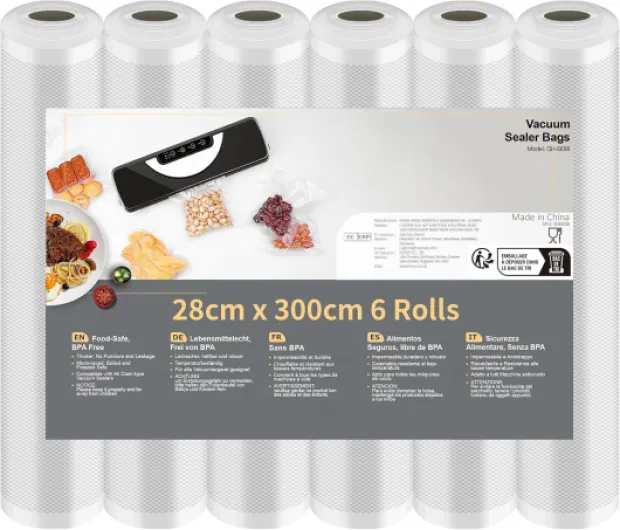 Rouleau Sous Vide Alimentaire, Sac Sous Vide Alimentaire pour L'appareil de Mise Sous Vide, 6 Rouleaux 28x300cm, Film Sous Vide Alimentaire sans BPA 6 Rouleaux 28x300cm (18M)