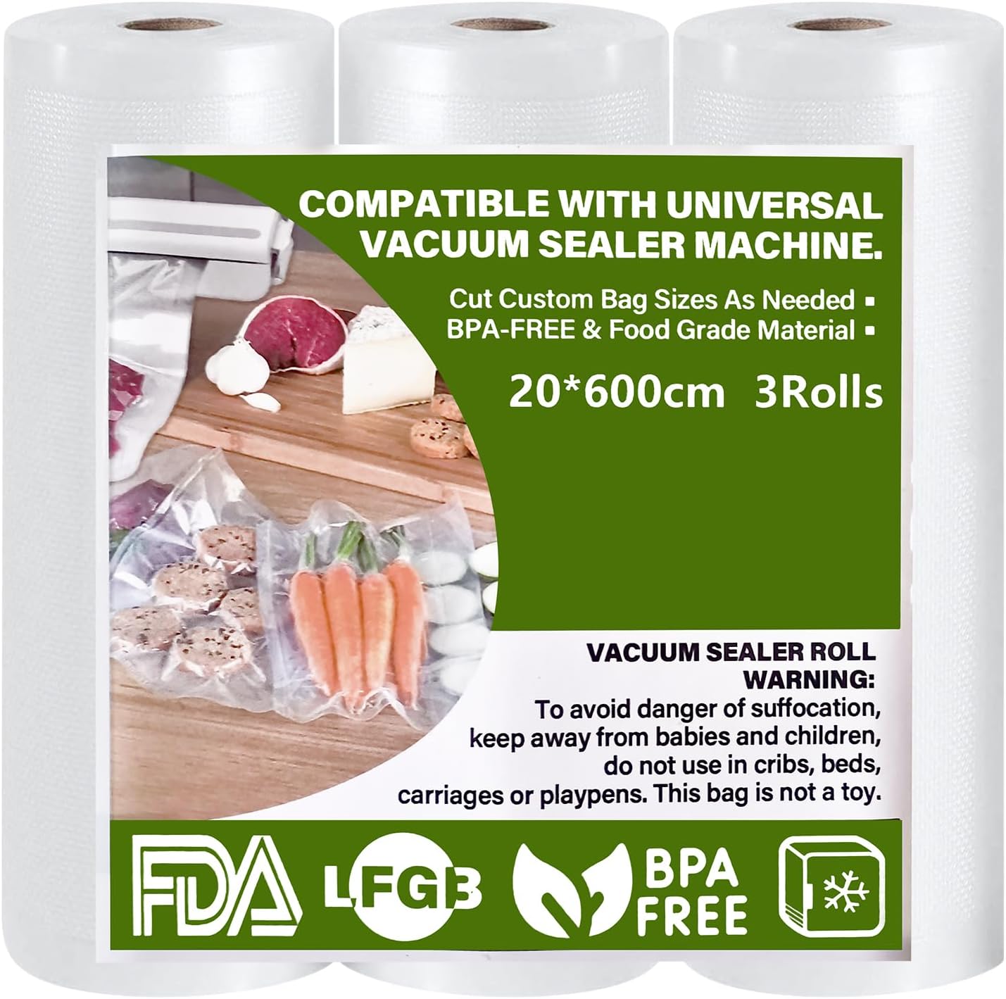 GIBOHOM Sac Sous Vide Alimentaire, 3 Rouleau Sous Vide Alimentaire 20 x 600 cm, 150 µm Sans BPA Antidéchirure, Film Sous Vide Alimentaire pour Machine Sous Vide Alimentaire et L'appareil Cuisson 20cm*600cm-3 Rouleau