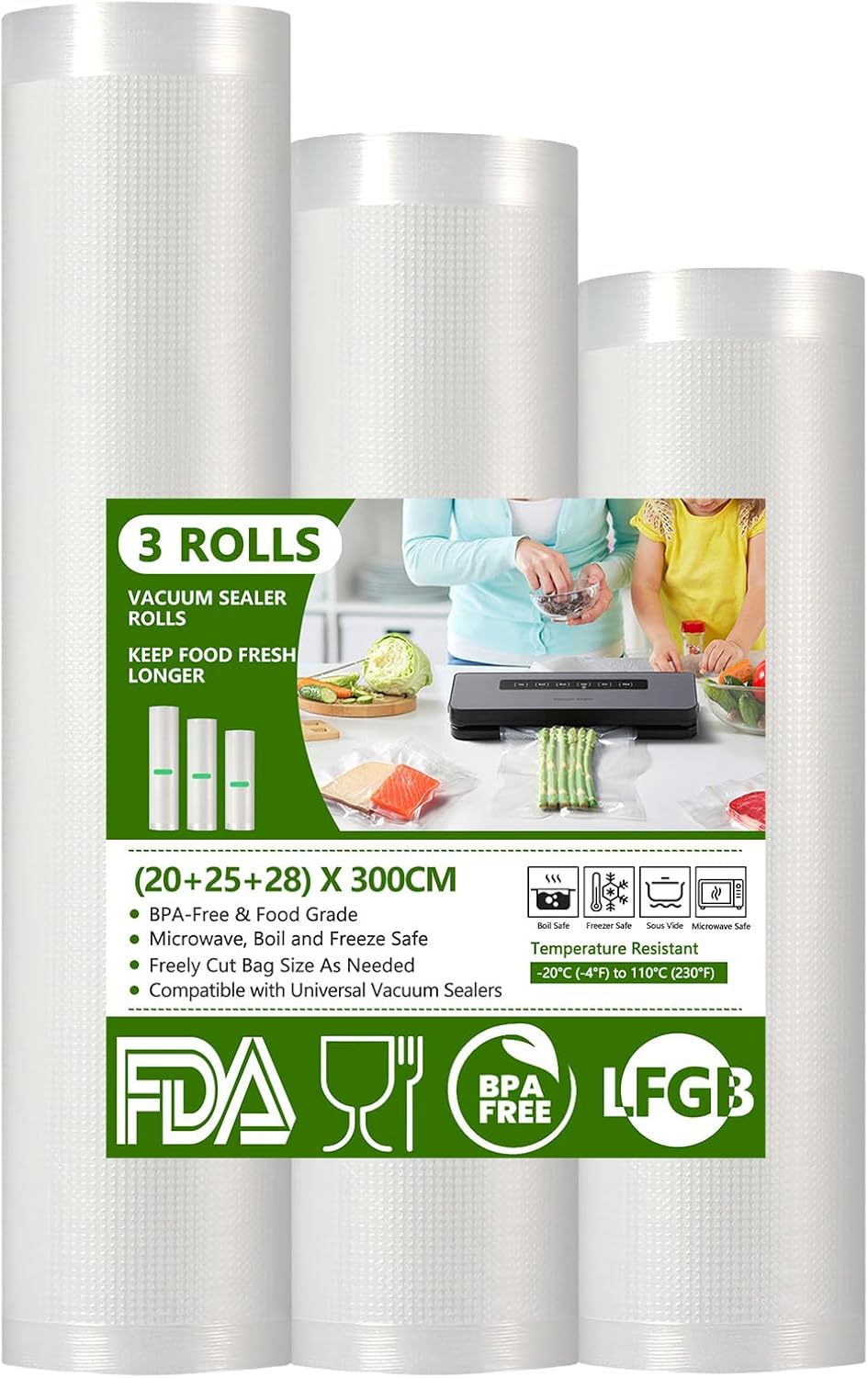 Sac Sous Vide Alimentaire, 3 Rouleaux 28/25/20 x 300cm Sac Sous Vide, Réutilisable Sachet Sous Vide Alimentaire, Convient à Tous Machine Sous Vide 3 Rouleaux 28/25/20x300cm
