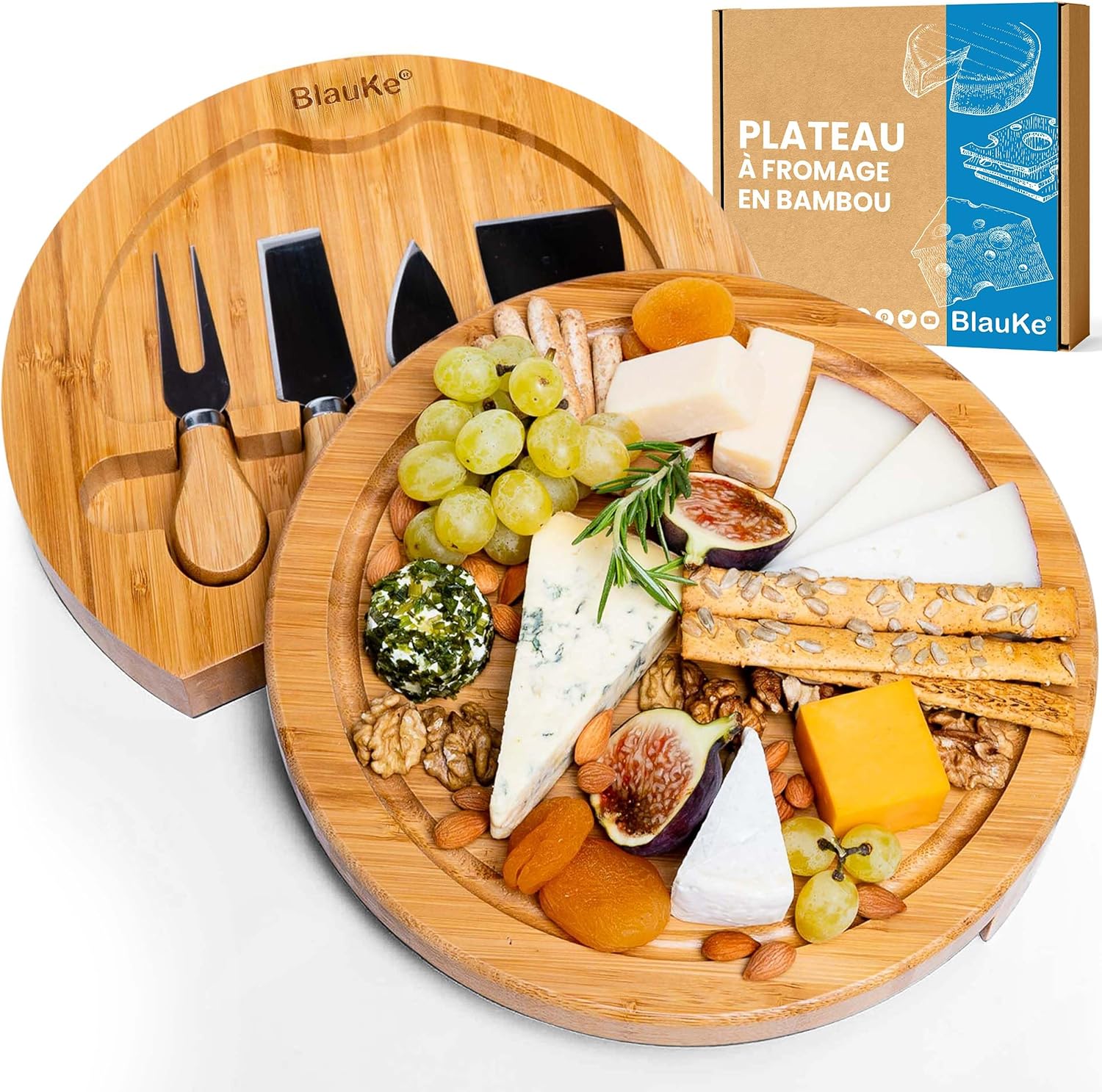 Plateau à Fromages en Bois de Bambou avec Ensemble de Couteaux et Fourchette