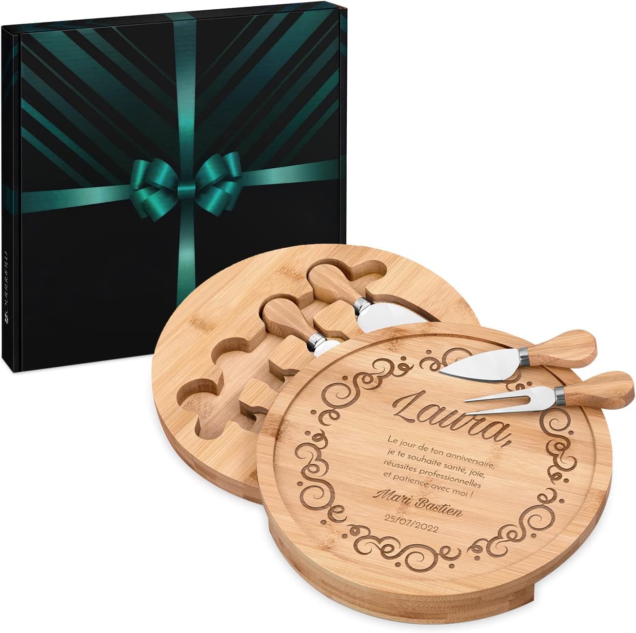 Plateau à Fromage en Bois - 25 cm Planche à Fromage avec Les Accessoires - Cadeau pour Les Amateurs de Fromage - Personnalisé - Anniversaire de Maman - Vœux