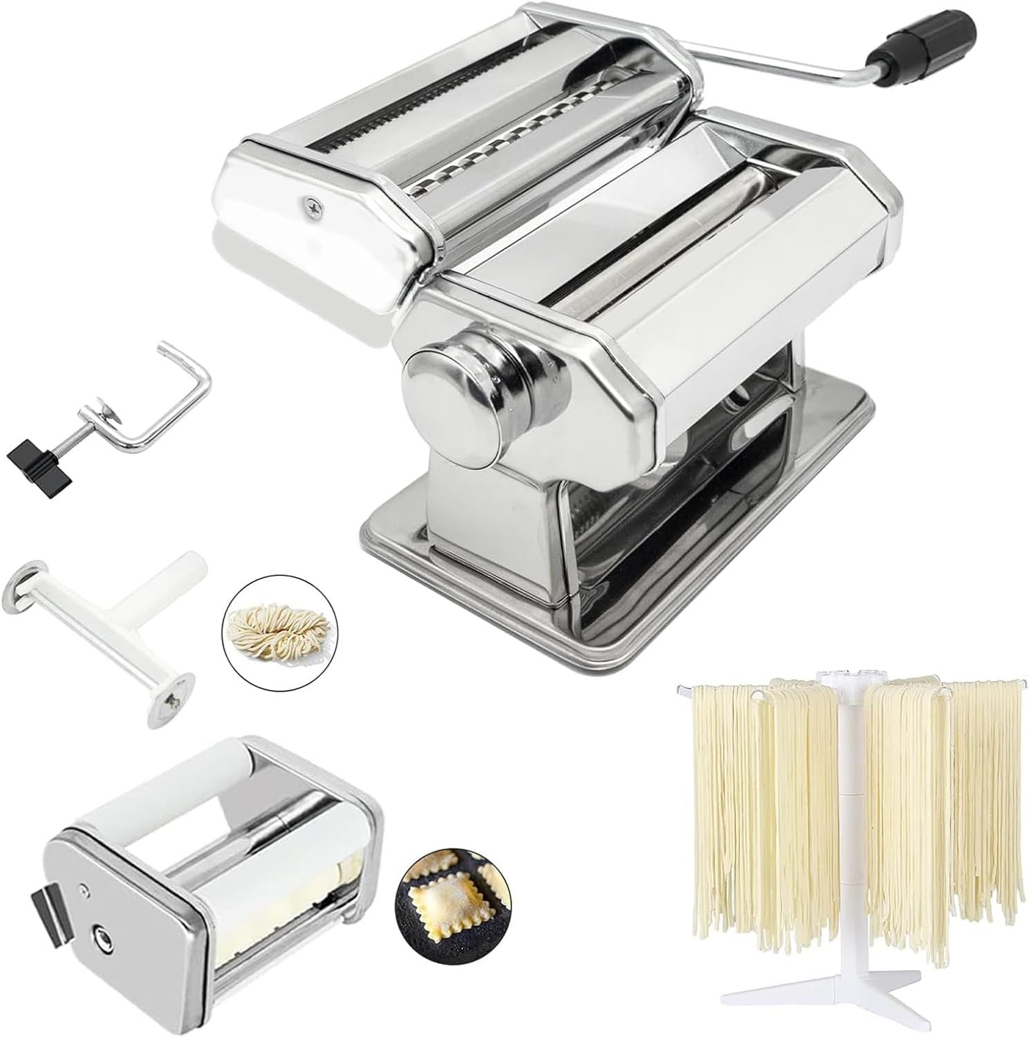 MZTOGR Machine à pâtes et raviolis, lot de 6 pièces en acier de 150 mm avec 9 réglages d'épaisseur réglables, avec accessoire pour raviolis, égouttoir à pâtes MZ-150PR