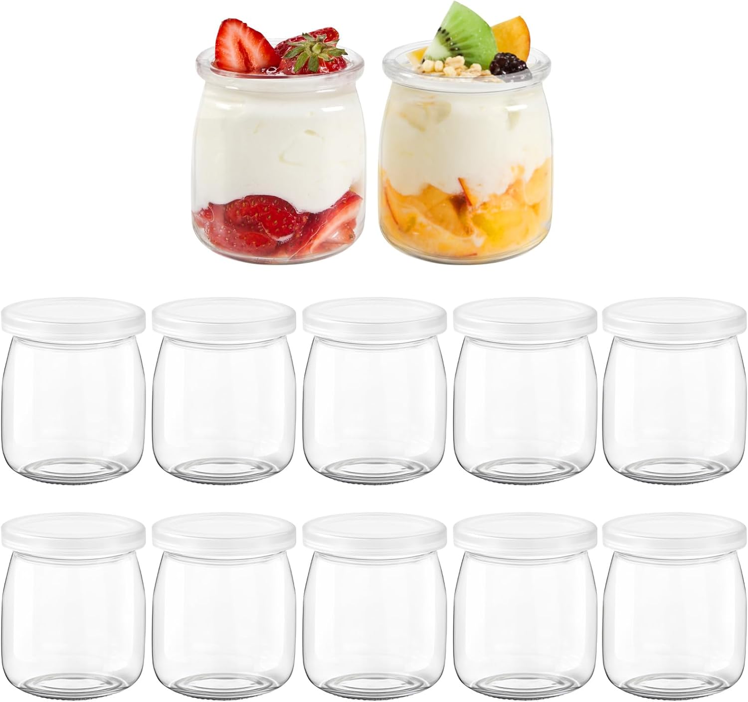 FoiiLiio Lot de 12 pot yaourt en verre avec couvercle,200ML pots yaourts en verres hermetique,Bocal Crème avec Couvercle en Plastique,Contenants en verre pour pudding,desserts 200ML-12PCS