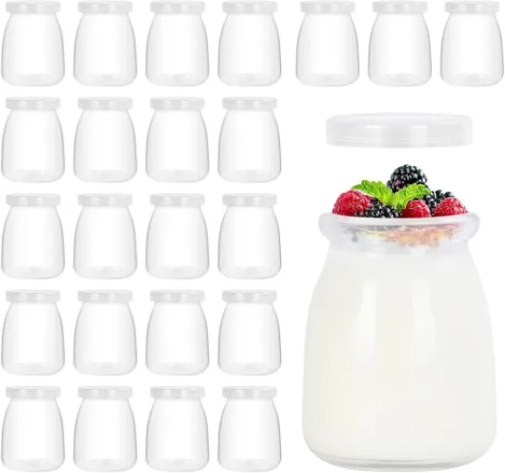 Ezvsevuo 140ml Pots de Yaourt avec Couvercle, Lot de 24 Petit Pot en Verre avec Couvercle, Bocal en Verre à Confiture, Contenants pour Pudding et Yaourt, Bocaux à Dessert 24PCS