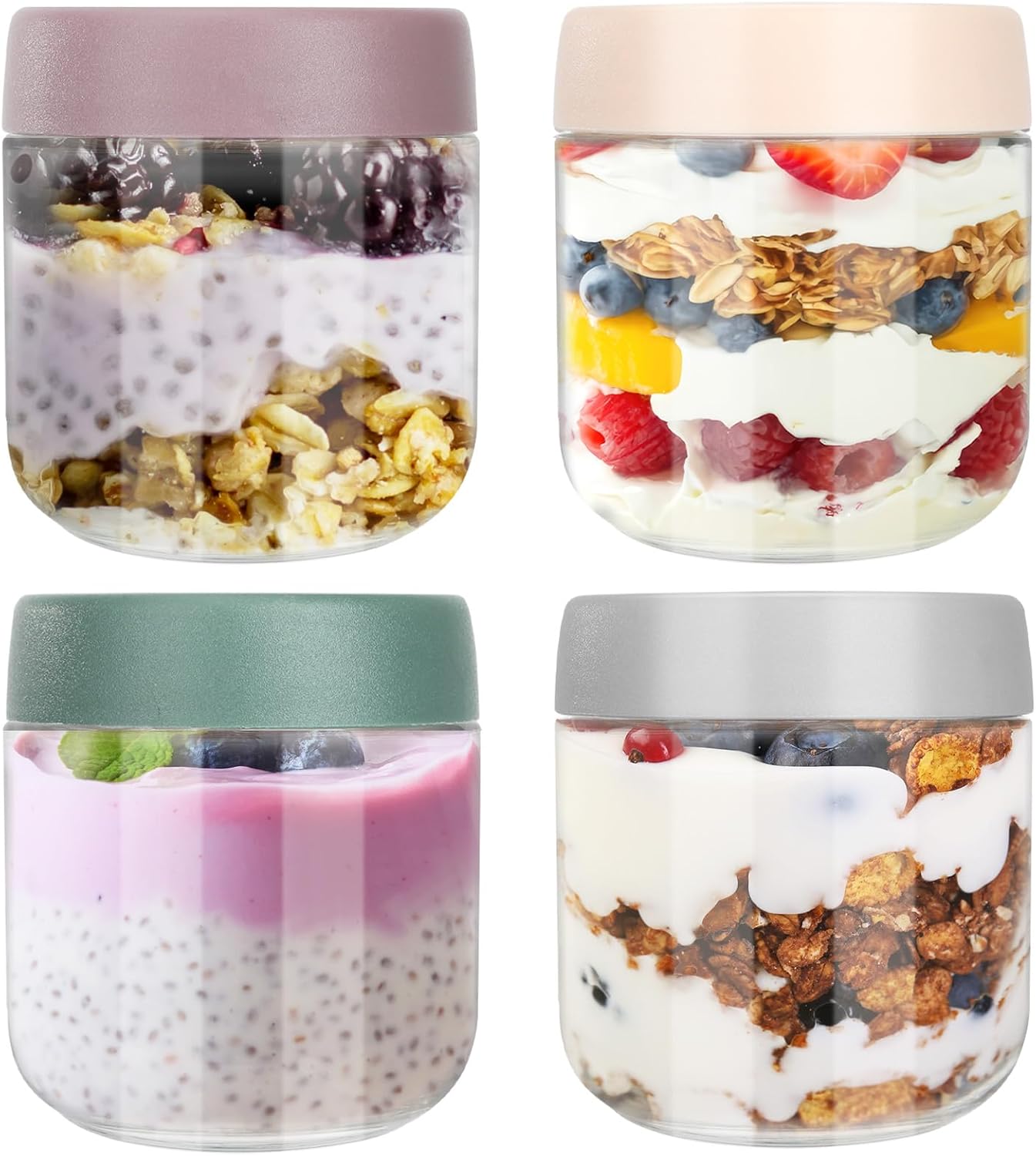 Aevcvok 4 Overnight Oats Jar, 300ml Pot Overnight Oat Verre, Petit Pot Yaourt en Verre avec Couvercle, Bocaux Overnight Oats, Meal Prep Containers pour Yaourts, Puddings, Smoothie, Salade 4 Pack