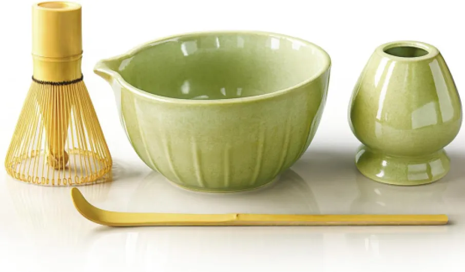 Matcha Kit 4 Pièces, Bol en Céramique avec Bec, Fouet à Matcha, Support et Cuillère en Bambou, Coffret Cadeau pour Amateurs de Matcha, Idéal pour le Petit-déjeuner/Latte