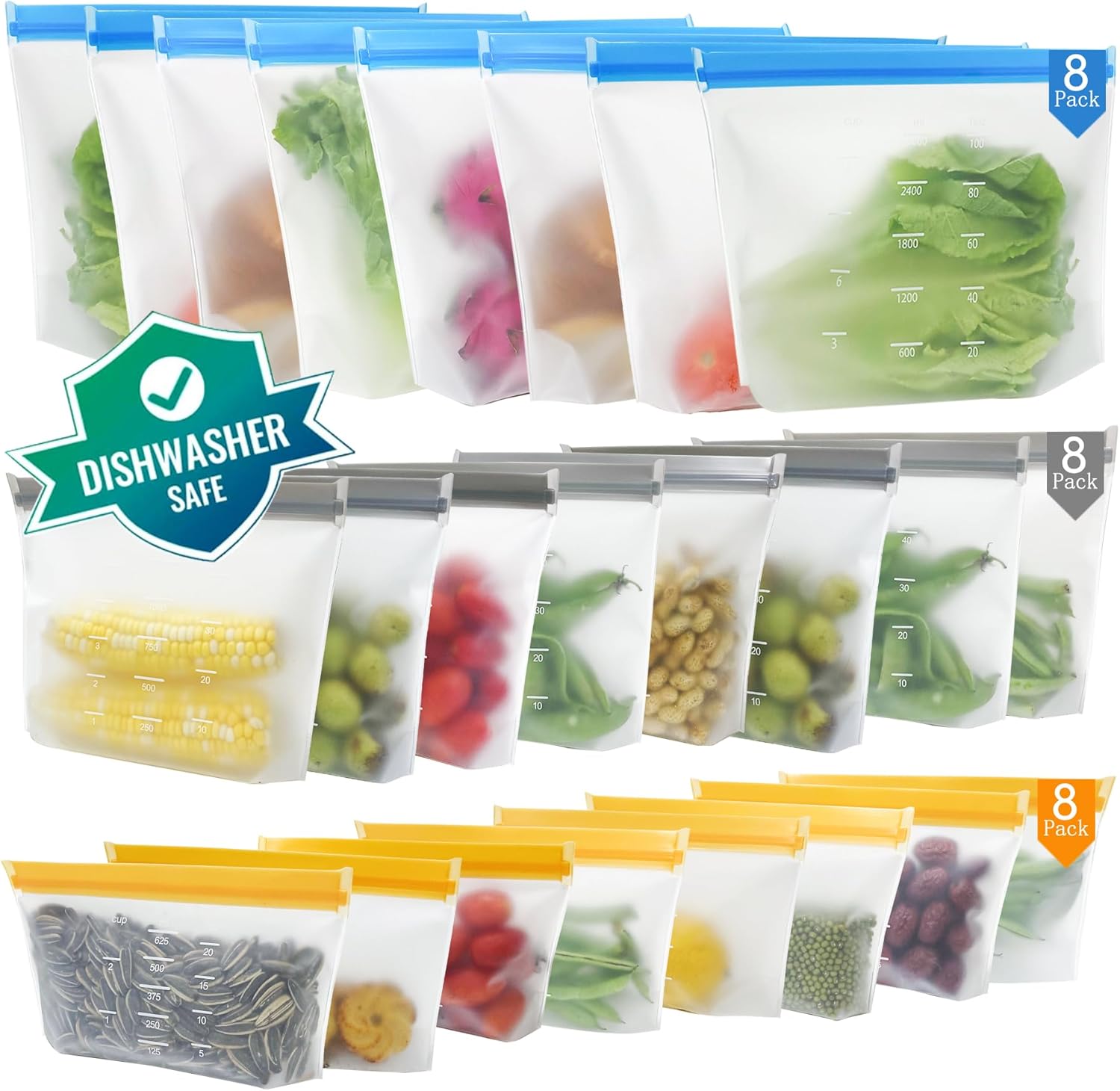 Lot de 24 sac congelation reutilisable et Stand Up,Sac congelation en silicone sans BPA, Sacs de rangement en silicone réutilisables Étanches pour Ranger Légumes, Fruits,Sandwich, LéGumes, Viandes 24pack (8 Gallon + 8 Sandwich + 8 Snack)