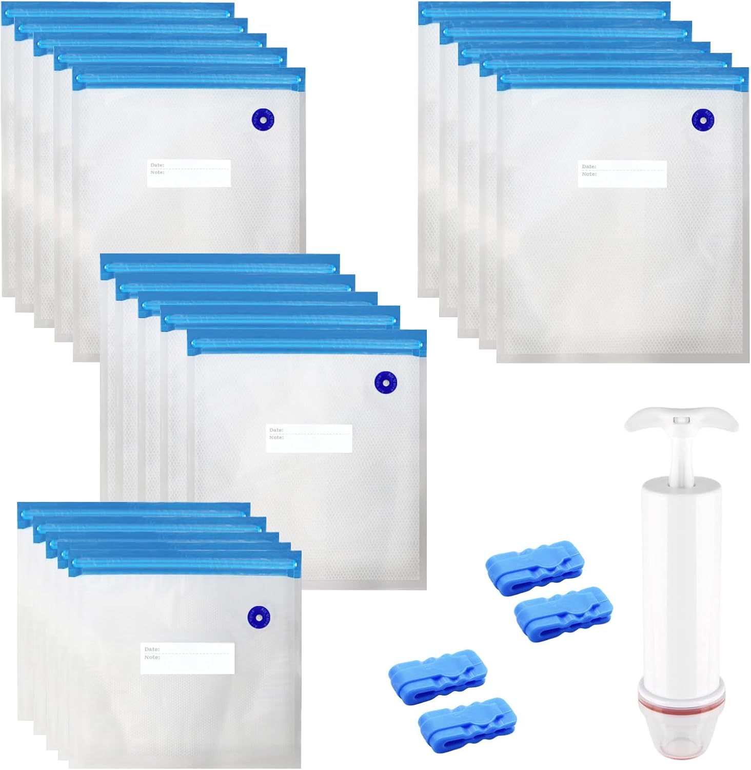 20 Pcs Sac Sous Vide Alimentaire Réutilisable 4 Tailles Sans BPA Sac Mise Sous Vide Alimentaire Reutilisable avec 1 Pompe À Main 4 Clips Sacs de Mise Sous Vide pour Conserver les Aliments