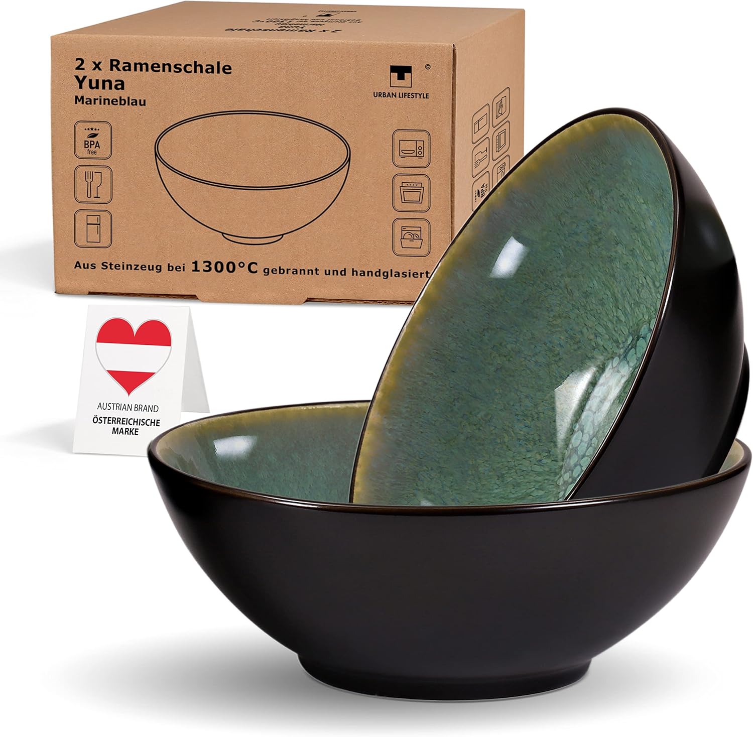 Bol à ramen en céramique, 20 cm, Vert d'eau, bol à soupe, bol à salade, bol pour pho, bol pour nouilles ramen, bol à céréales, articles de qualité A-B, Vert/Noir