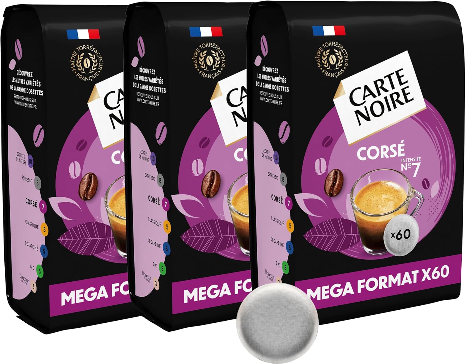 Café en Dosettes Souples Corsé N°7 – Pur Arabica - certifié Rainforest Alliance - 3 Paquets de 60 Dosettes – Compatibles Senseo (180 dosettes) Corsé N°7 - 3 x 60 - Rainforest