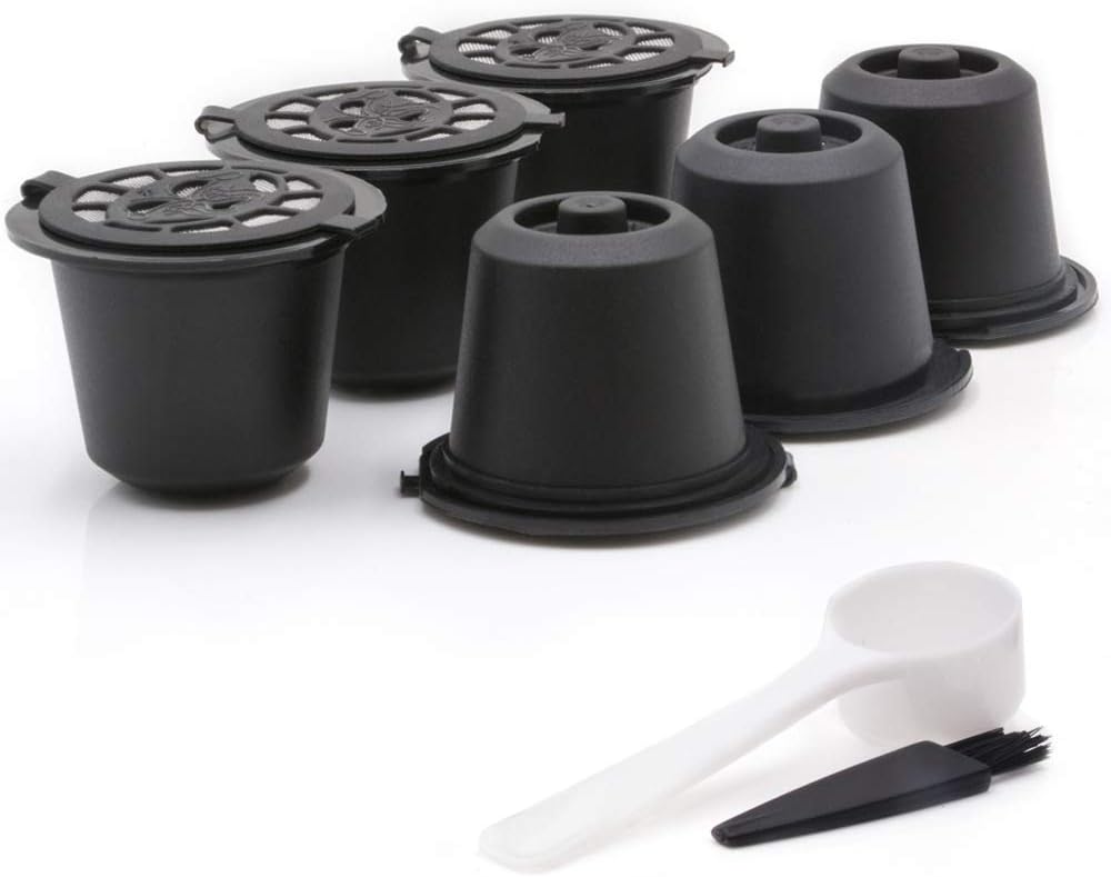 Zalati Lot de 6 capsules de café rechargeables réutilisables avec cuillère et brosse pour tasses Nespresso compatibles OriginalLine Compatible avec Nespresso