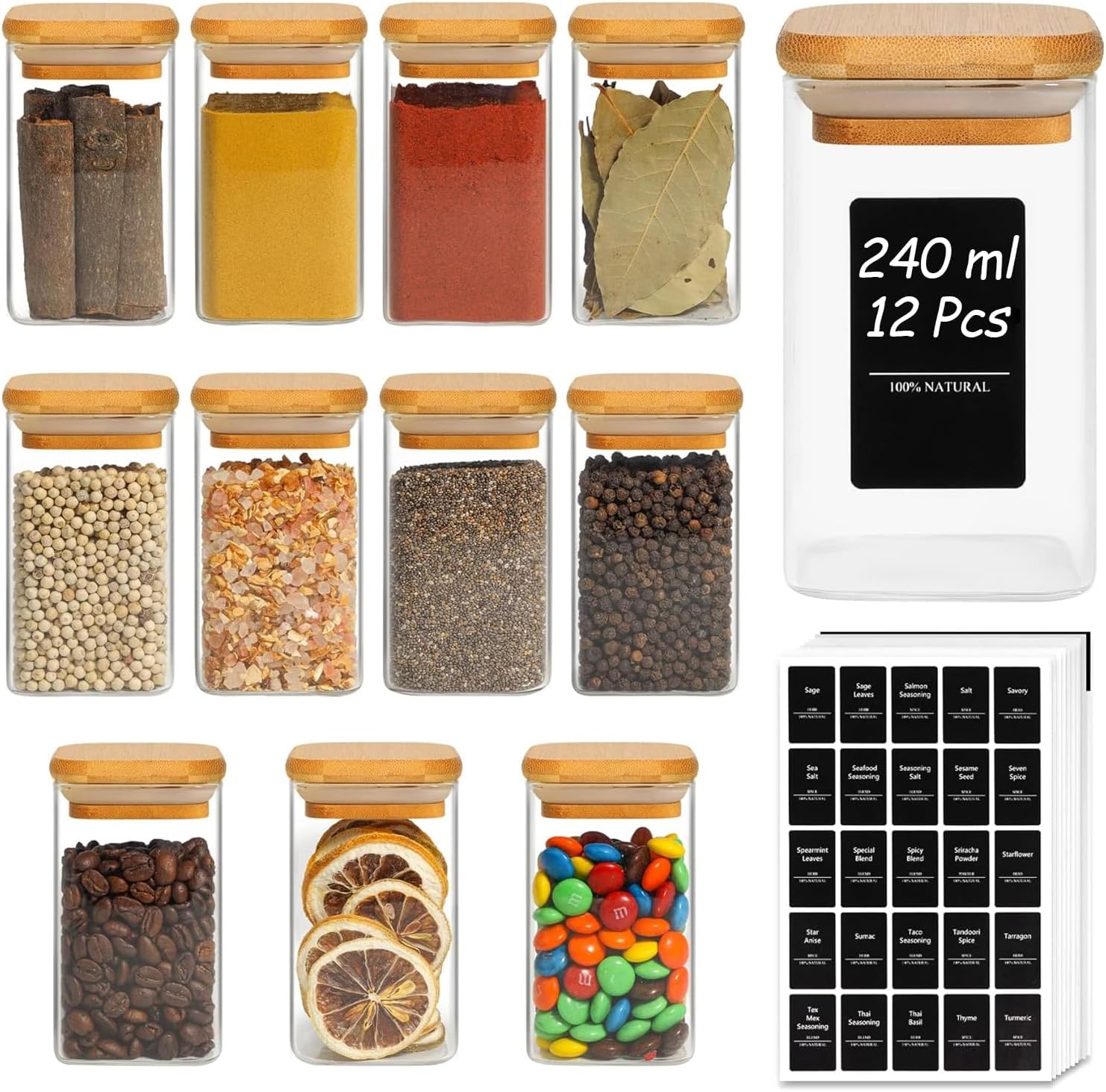 ComSaf Pots à Épices Avec Étiquettes 240 Ml 12 Pièces, Bocaux à Épices Carrés Avec Couvercle en Bois Verre, Bocaux en Verre, Pot a Epices Pour Cuisine 240 ml × 12