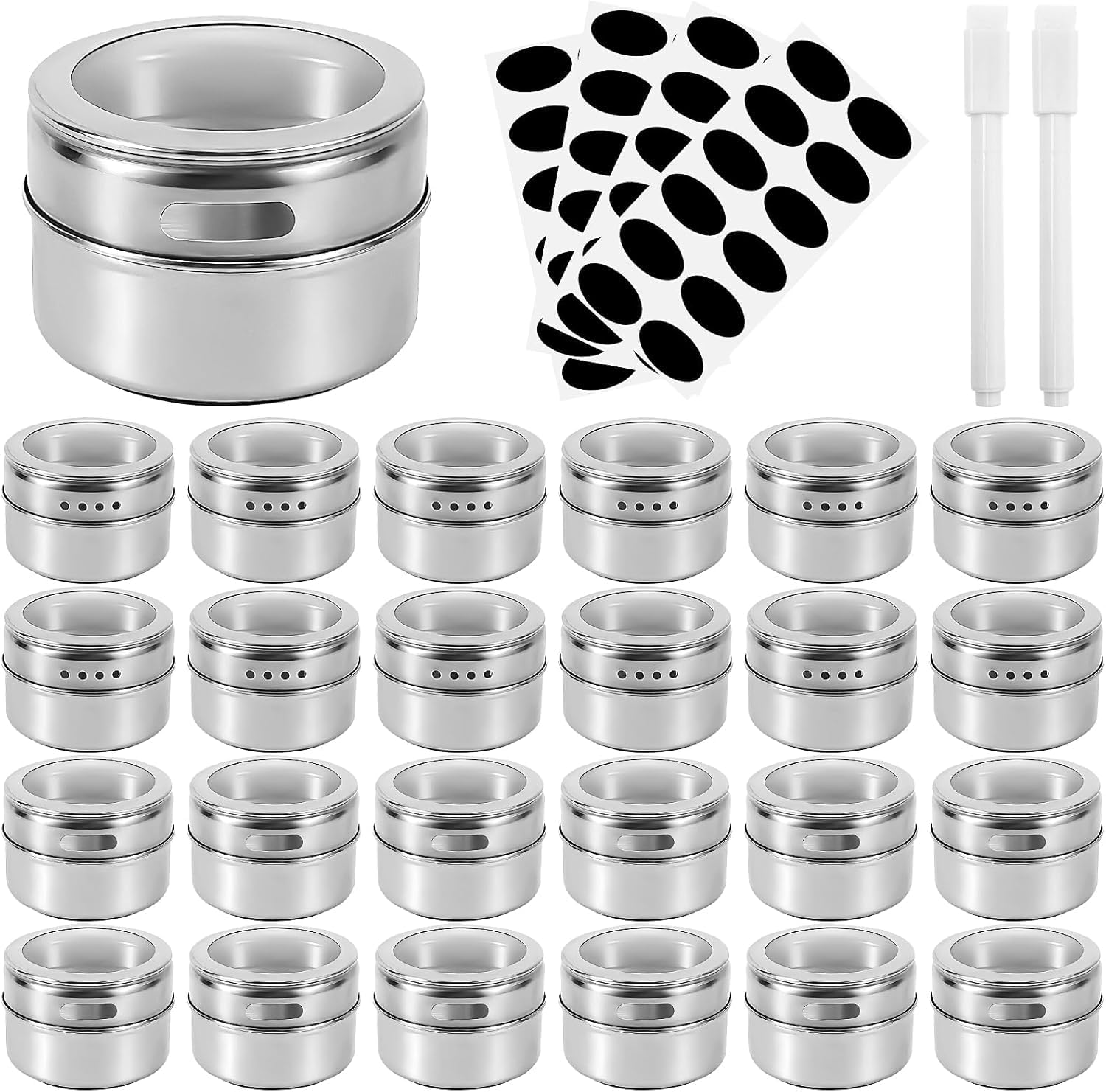 YFNVH Lot de 24 Pots à Épices Magnétiques avec Couvercles, Bocaux Assaisonnements en Acier Inoxydable pour Réfrigérateur avec 48 Étiquettes et 2 Marqueurs pour Cuisine Frigo