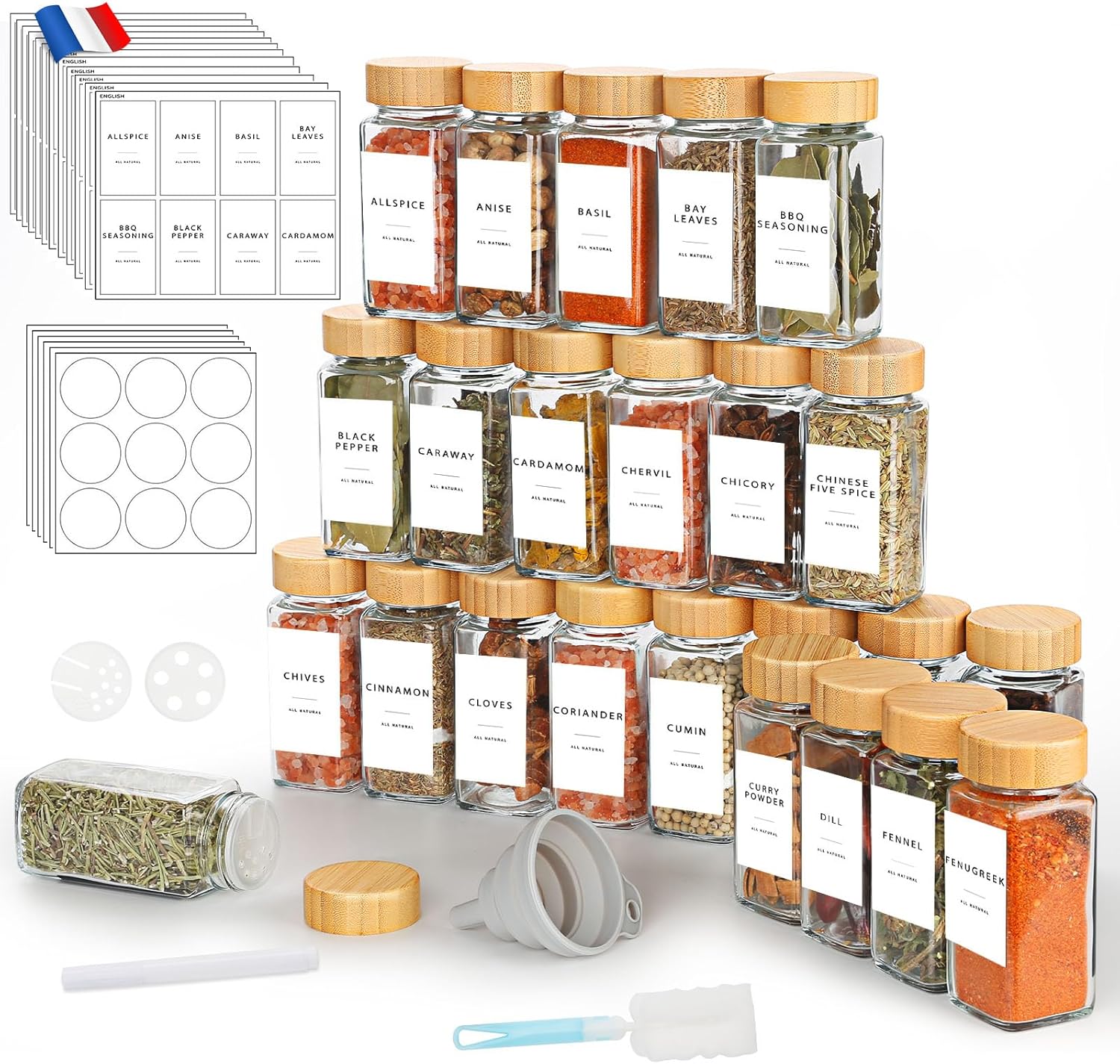 Lannvan Pot à Épices en Verre et Bois - 24 Pièces 120ml Bocaux à Épices Françaises - Boite a Epices Cuisine Rangement - avec Tamis, 246 Étiquettes, Entonnoir 24er Set
