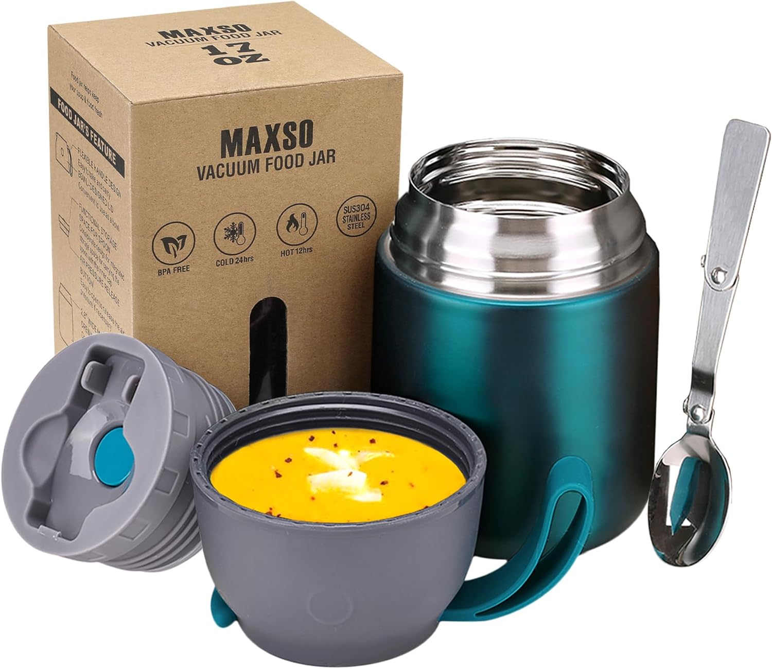 LOGEEYAR Boîtes Alimentaires Isothermes Repas Chaud Porte-Aliments en Acier Inoxydable à Double Couche pour Ecole Bureau avec Cuillère, 500ml Vert 500 ml Vert