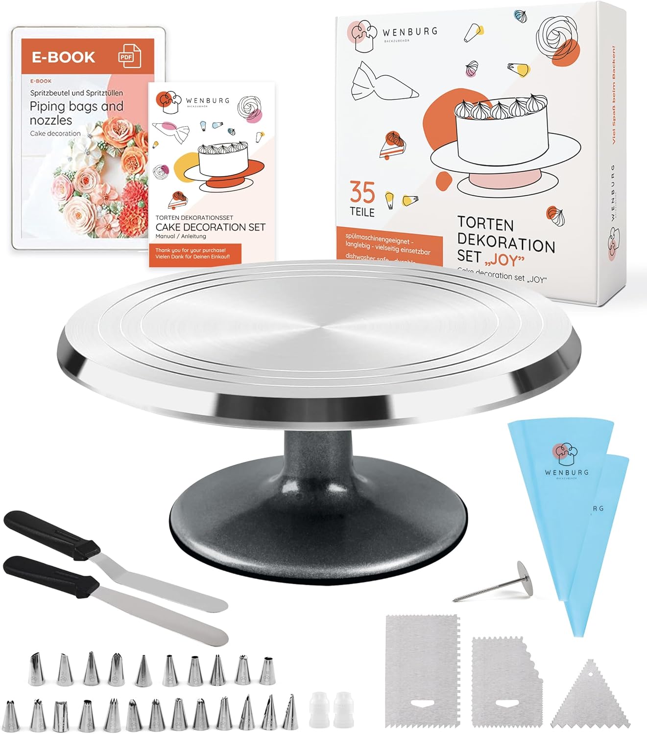 Plateau à Gâteau Rotatif en Alliage d'aluminium - 35 Pièces - Plateau à gâteau Rotatif avec Accessoires - Poche à Douille, E-book et Plus Encore I Plateau Tournant pour Gâteaux Set Joy