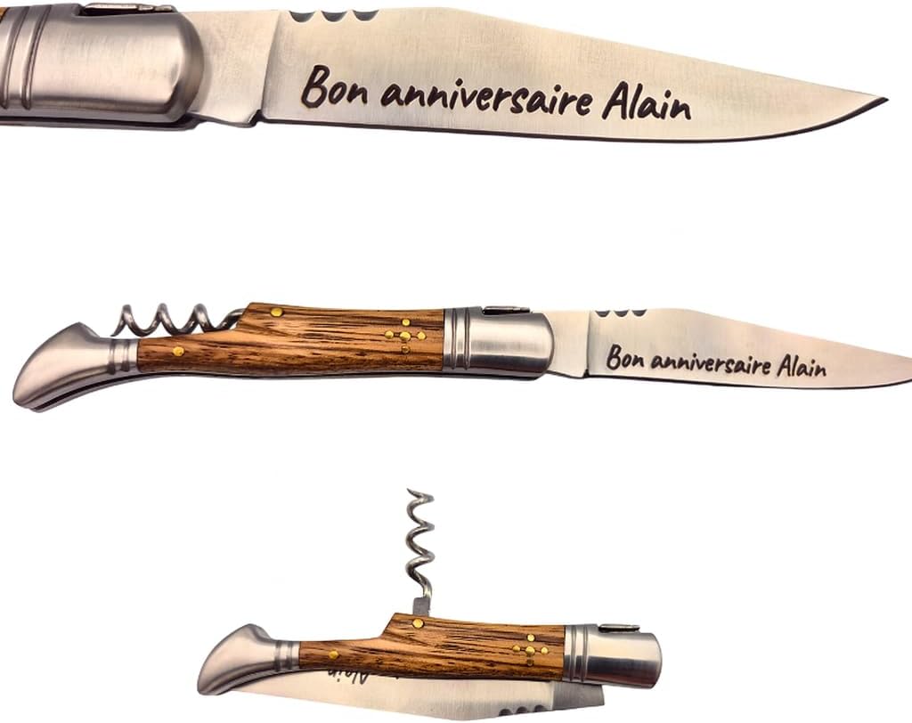 Couteau homme personnalisé - Couteau laguiole gravé avec un prénom - Couteau pliant personnalisable - Cadeau Fête des pères - Idée cadeau pour homme, Papa (Noir, Couteau tire-bouchon)