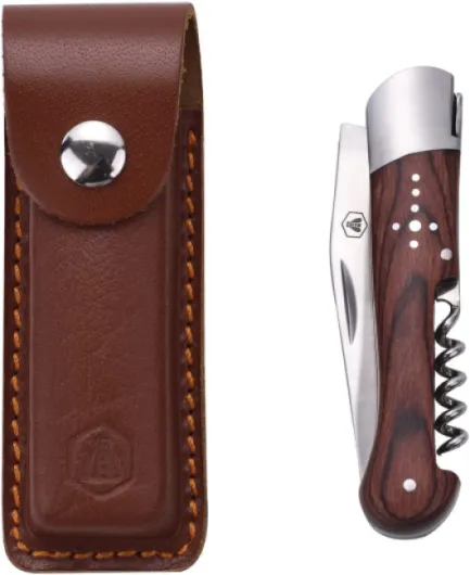 Couteau Pliant Manche en Bois de Rose avec Tire-Bouchon et Etui en Cuir